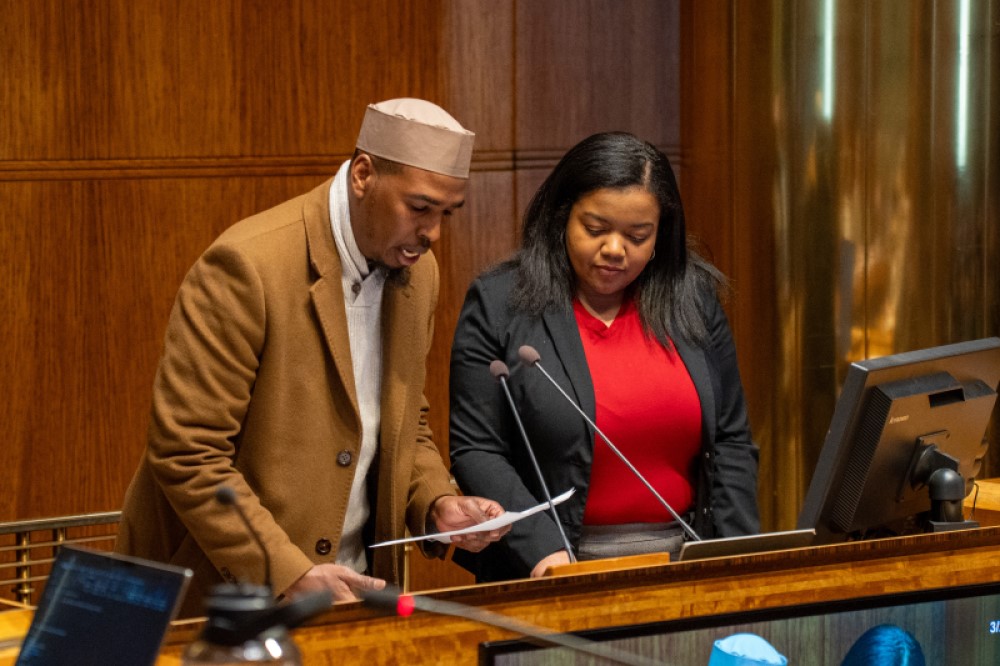 Councilwoman Cheniqua Johnson and Abdulahi Farah, director and lead organizer of ISAIAH, introduce resolution to recognize and commemorate the month of Ramadan