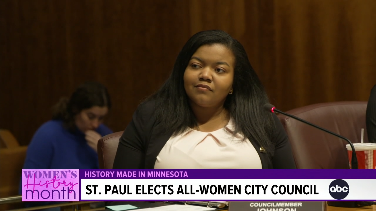 Councilwoman Cheniqua Johnson listening during a city council meeting in a segment from Good Morning America. Chyron reads: St. Paul Elects All-Women City Council