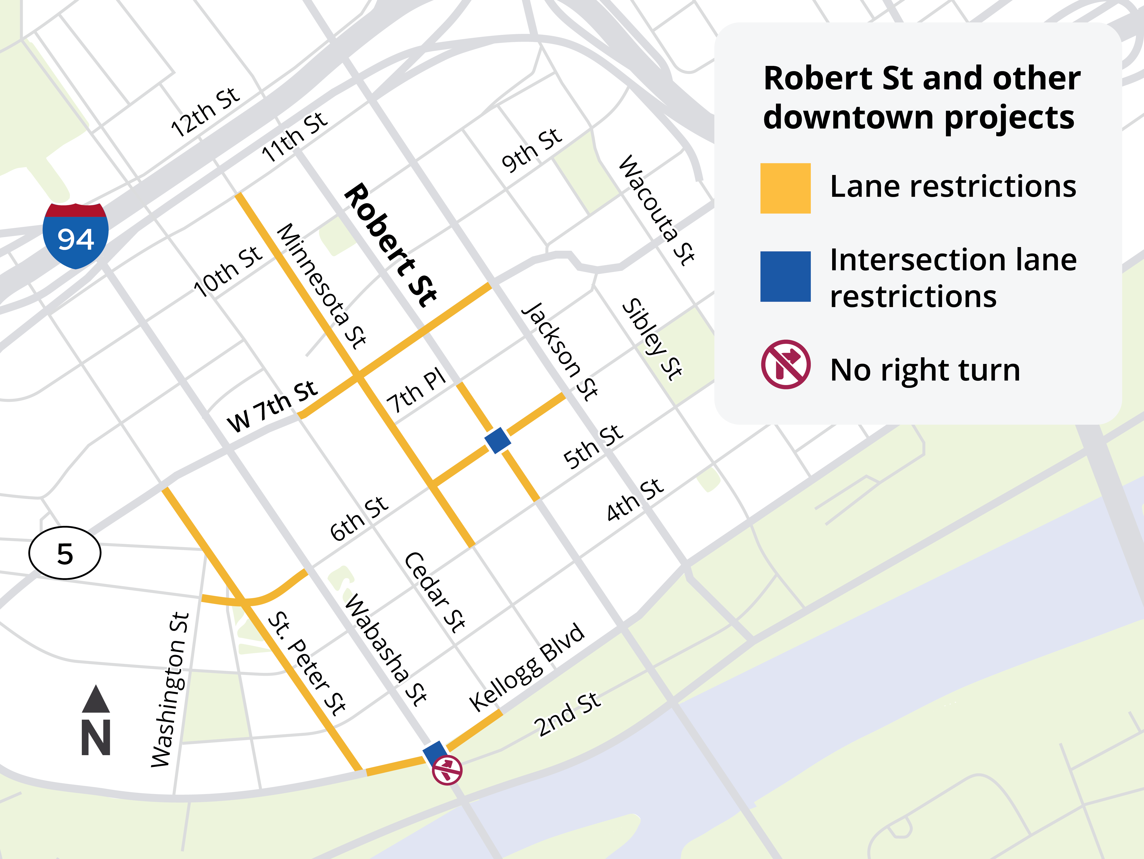 Map of downtown Saint Paul showing lane restrictions due to construction.