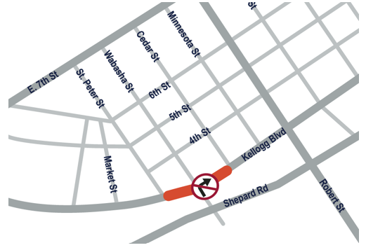 Map showing lane restrictions on Kellogg Boulevard between St Peter and Cedar Street during construction