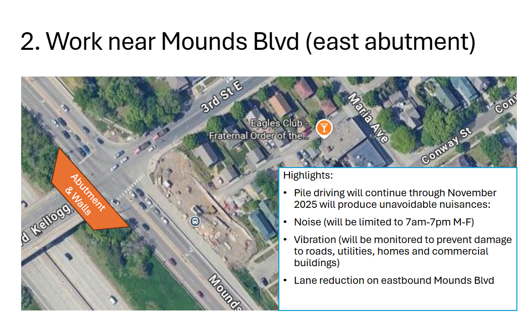 Map showing the location of work on the east abutment near Mounds Boulevard
