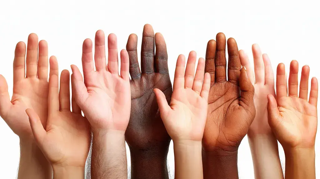 Many different colored hands reaching up to the sky