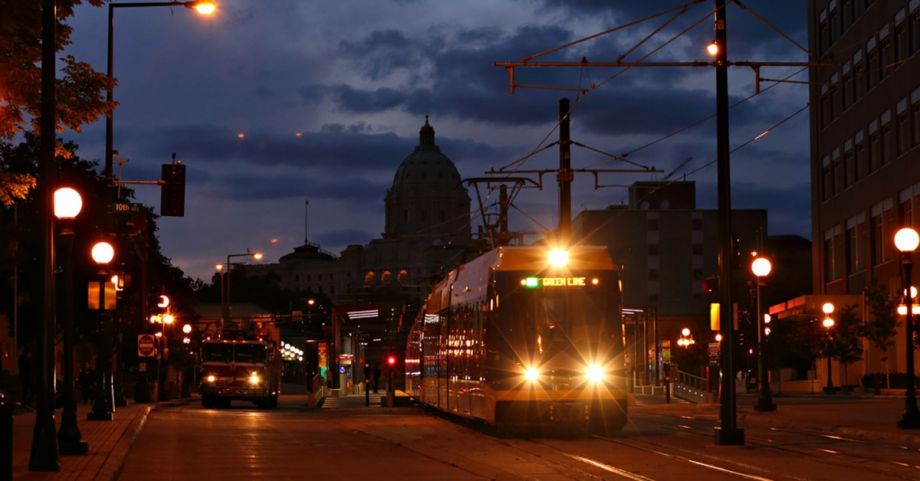 Green Line train in Saint Paul near Capitol building at night