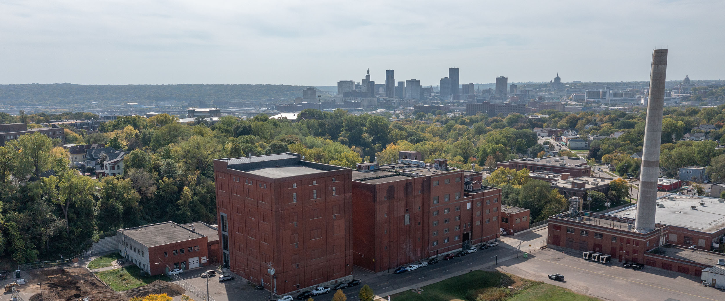 Hamm's Brewery Drone Shot with City Skyline