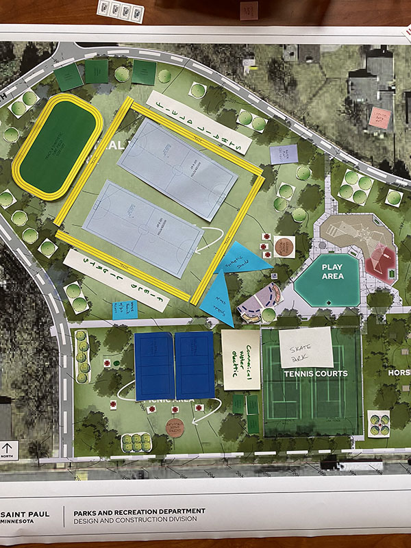 Concept Diagram showing possible alterations to the park, including soccer fields, a perimeter running track, field lights, shade canopies, volleyball courts, additional trees, additional park benches and picnic tables, and a gazebo, amongst other changes.