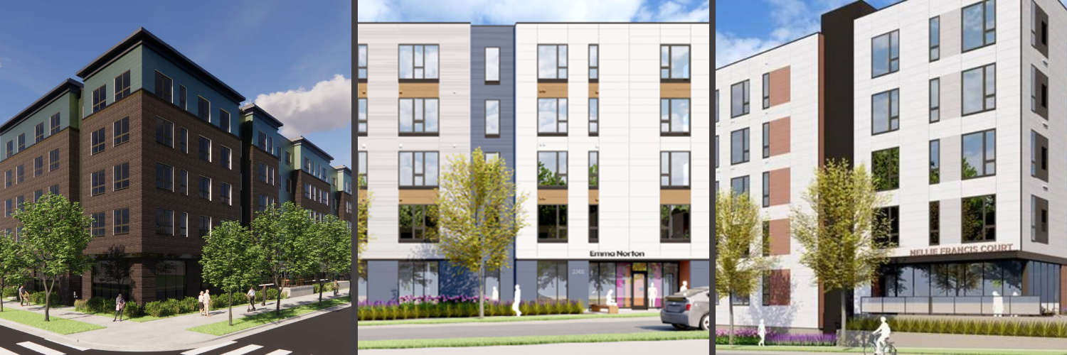 Renderings of three affordable housing projects at Highland Bridge