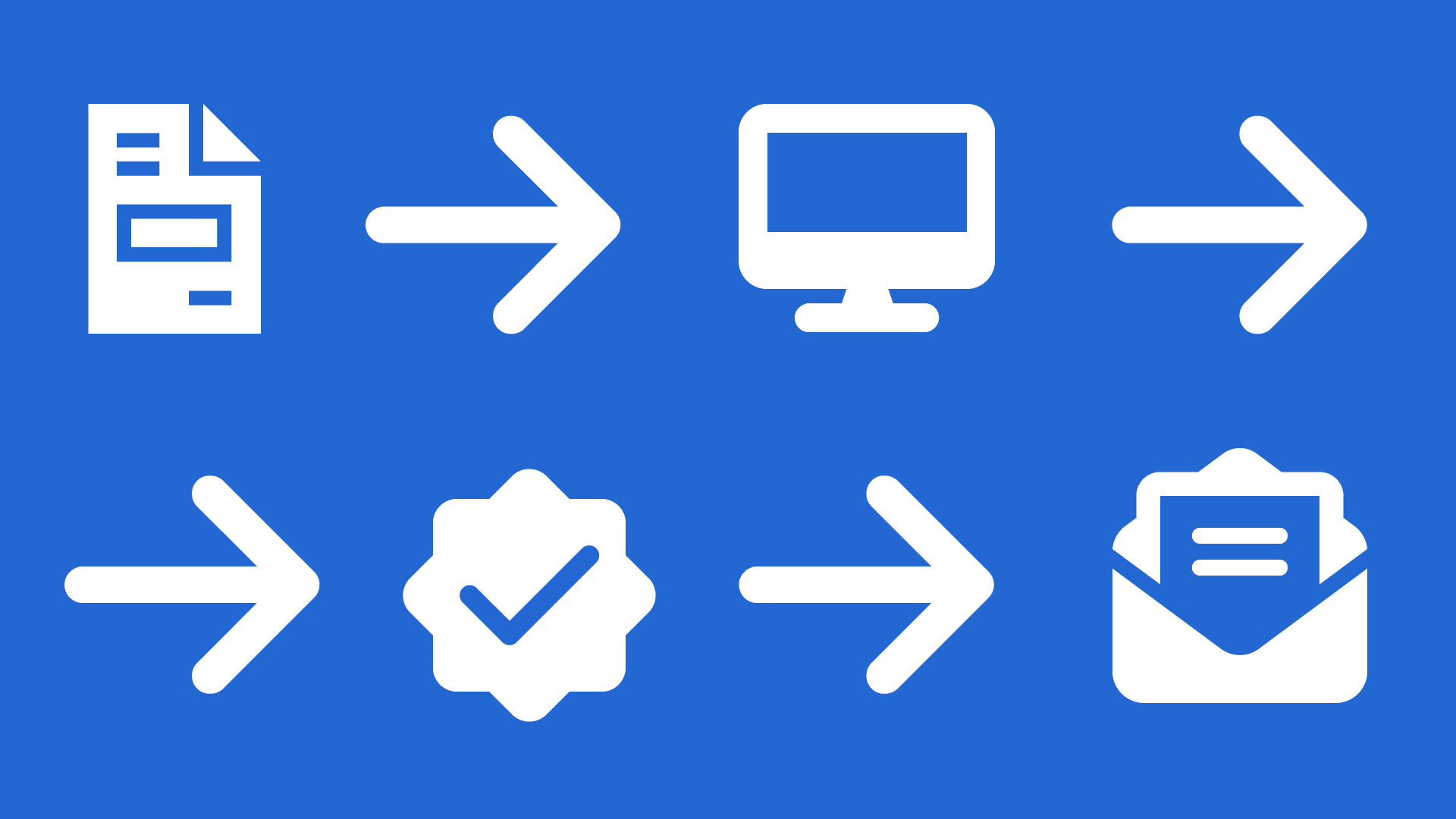 Grid of icons including document, arrows, seal of approval, computer, and mail