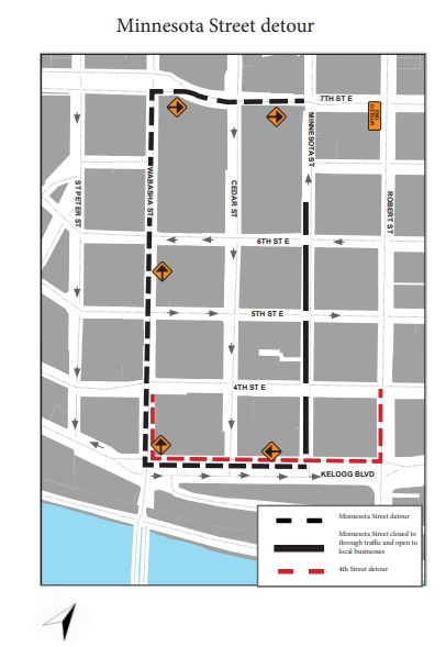 Map of Minnesota Street detour: vehicle detour is Kellogg Boulevard to Wabasha Street north to 7th Street