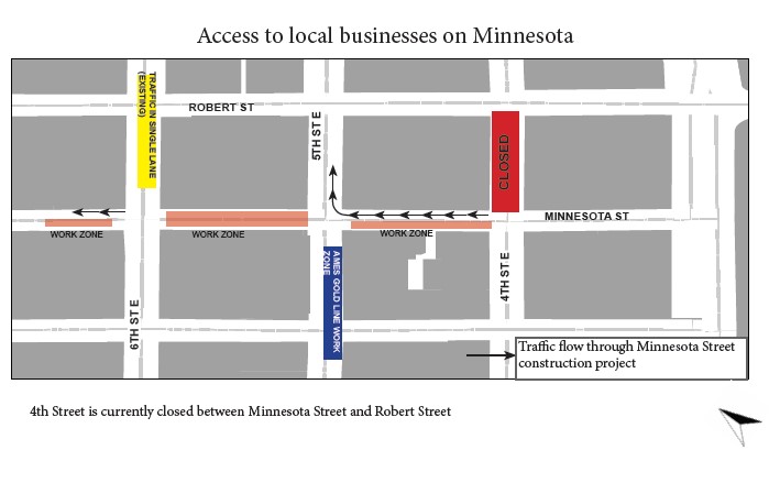 Map of local access on Minnesota Street during construction; 4th Street closed between Robert Street and Minnesota Street