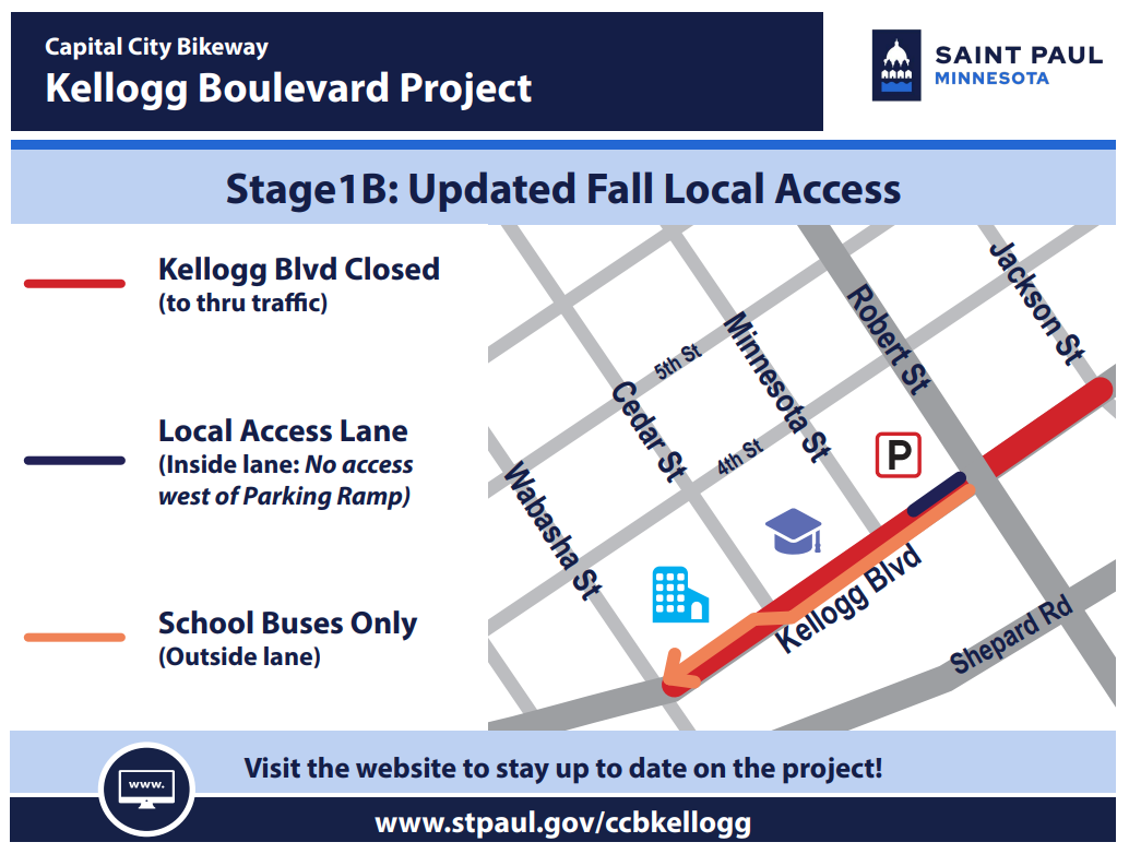 Map of local access on Kellogg Boulevard between Jackson Street and Wabasha Street during Kellogg Boulevard construction.