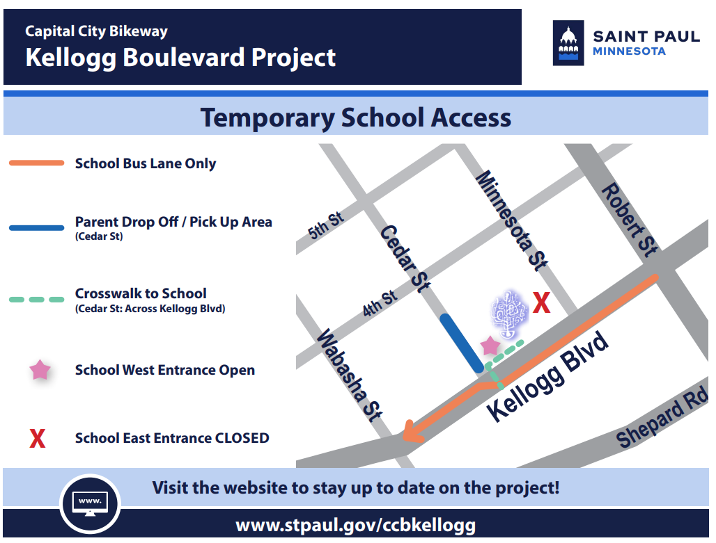 Map of temporary school access on Kellogg Boulevard during construction