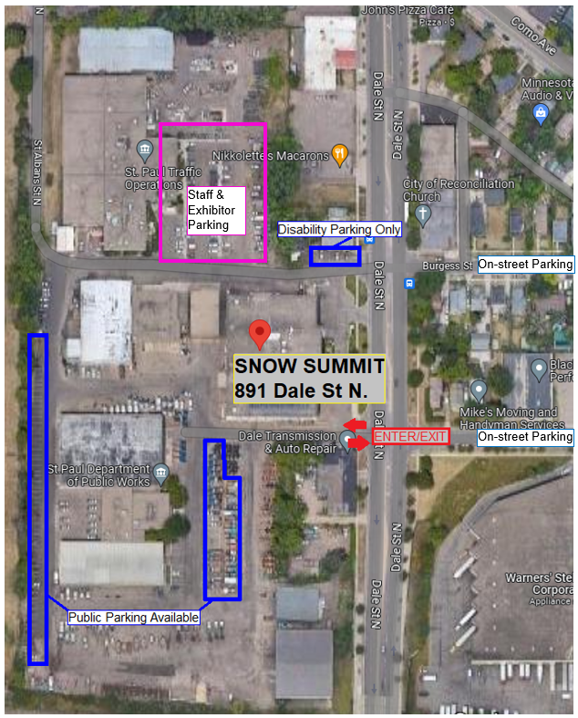 Map of 891 Dale Street with public parking available in the parking lot and on-street for the Snow Summit
