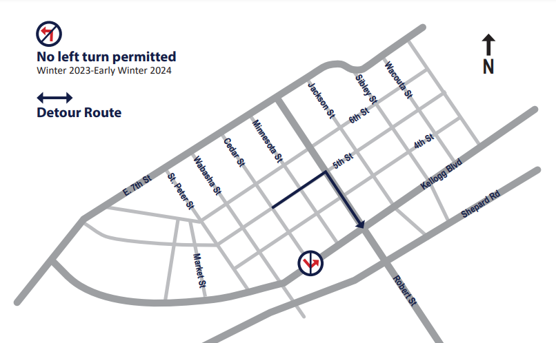 Map of downtown Saint Paul showing closure of left (eastbound) turns from Cedar Street onto Kellogg Boulevard