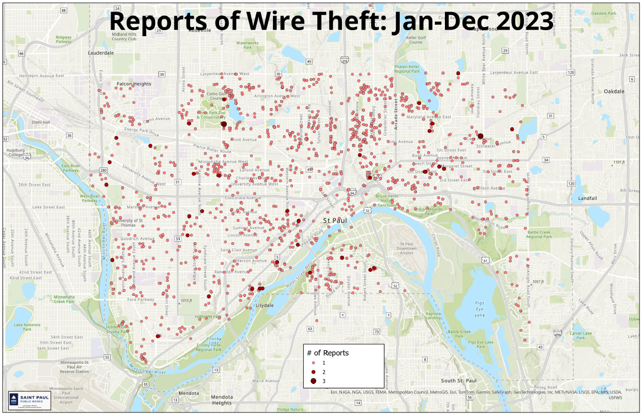 Map of Wire Theft Reported to Public Works Main Information Line (Phone, Web & Email)