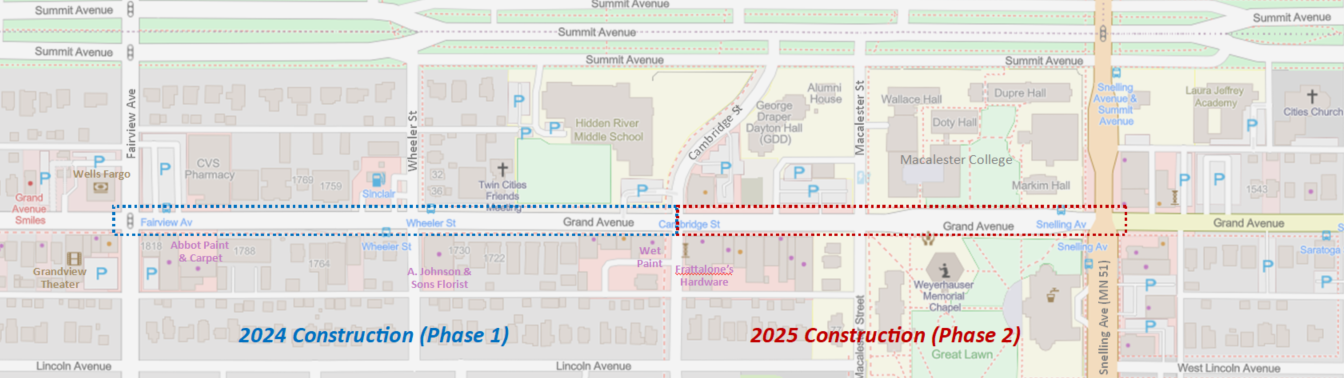 Map of reconstruction of Grand Avenue in phase 1 from Fairview to Cambridge in 2024 and phase 2 from Cambridge to Snelling in 2025