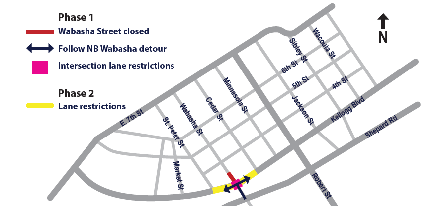 Map for CCB Kellogg construction showing closure of Wabasha Street north of Kellogg Boulevard.