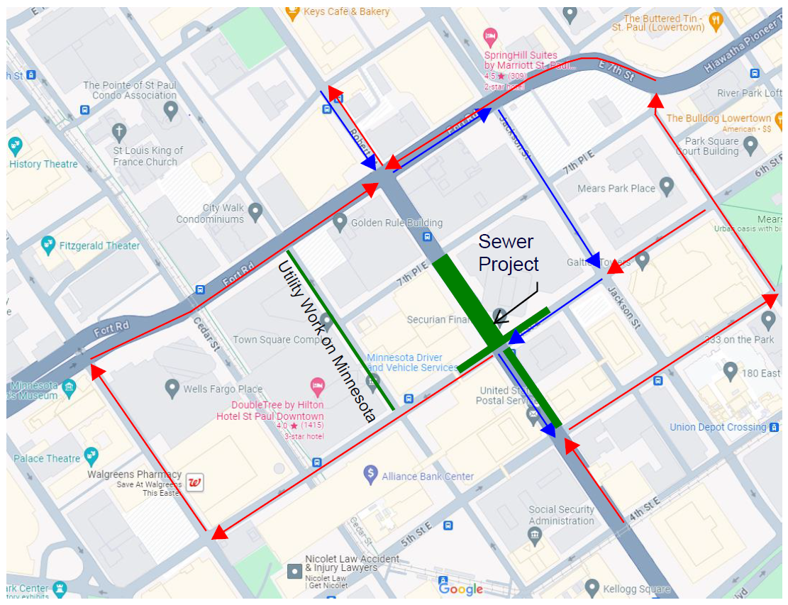 Map showing closure of Robert Street north of 6th Street and detours.