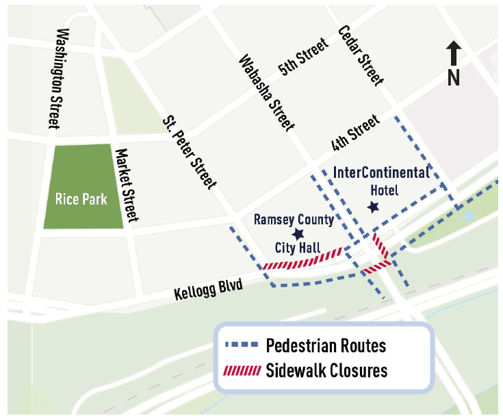 Pedestrian access map during construction. Sidewalk closed on north side of Kellogg between St Peter and Wabasha