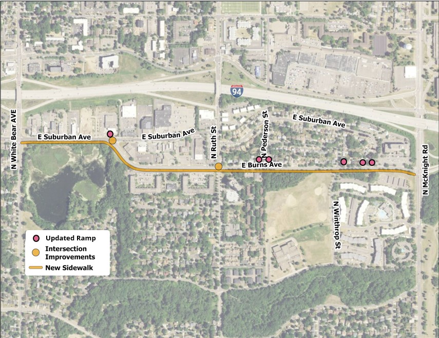 Map showing sidewalk infill and intersection work on Burns and Suburban Avenues in Saint Paul