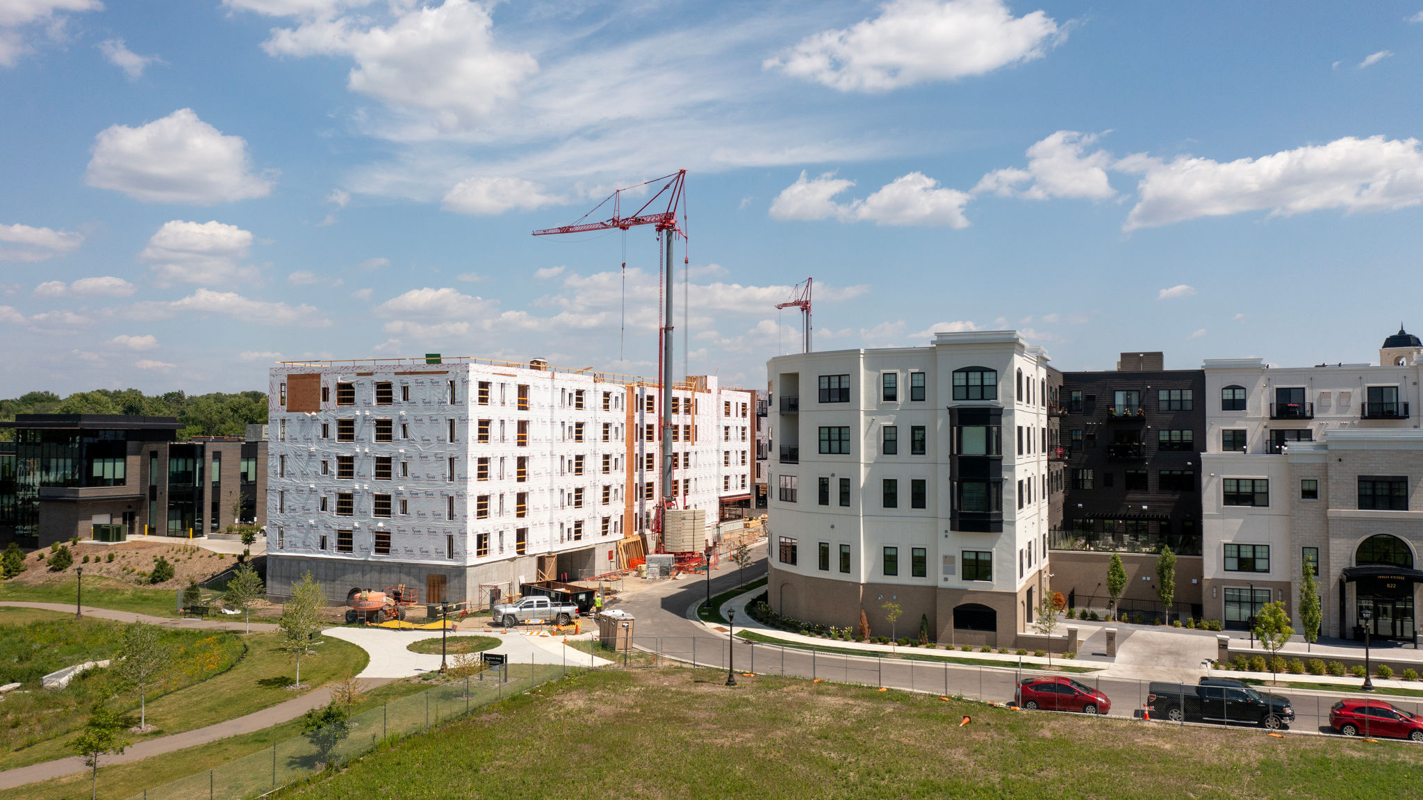 New multi-unit housing under construction at the Highland Bridge development.