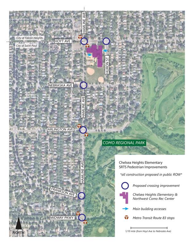 Map showing the Chelsea Heights Safe Routes to School pedestrian improvements at intersections along Hamline and Hoyt