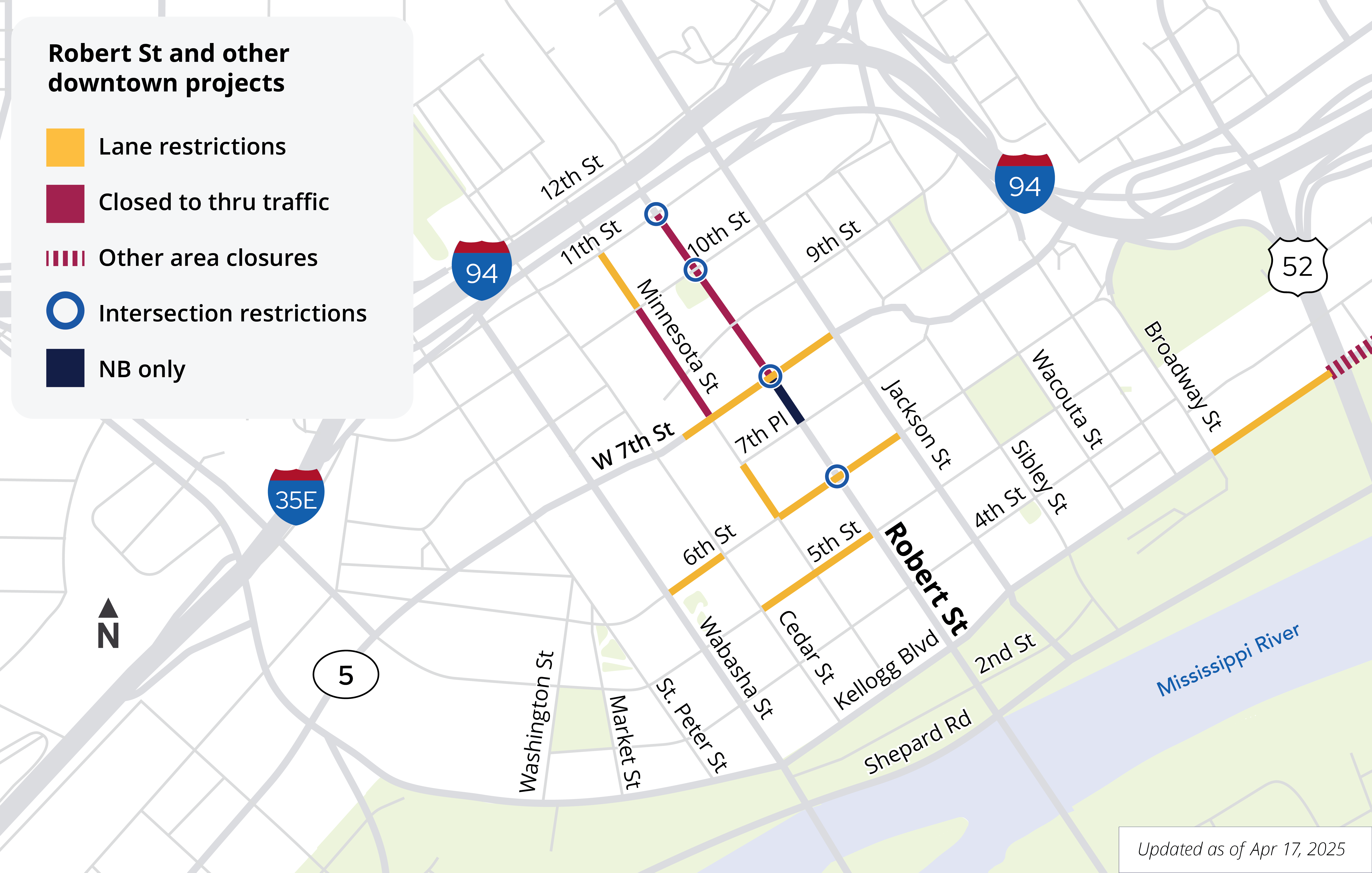 Map showing road closures and lane restrictions in downtown Saint Paul April 18, 2025