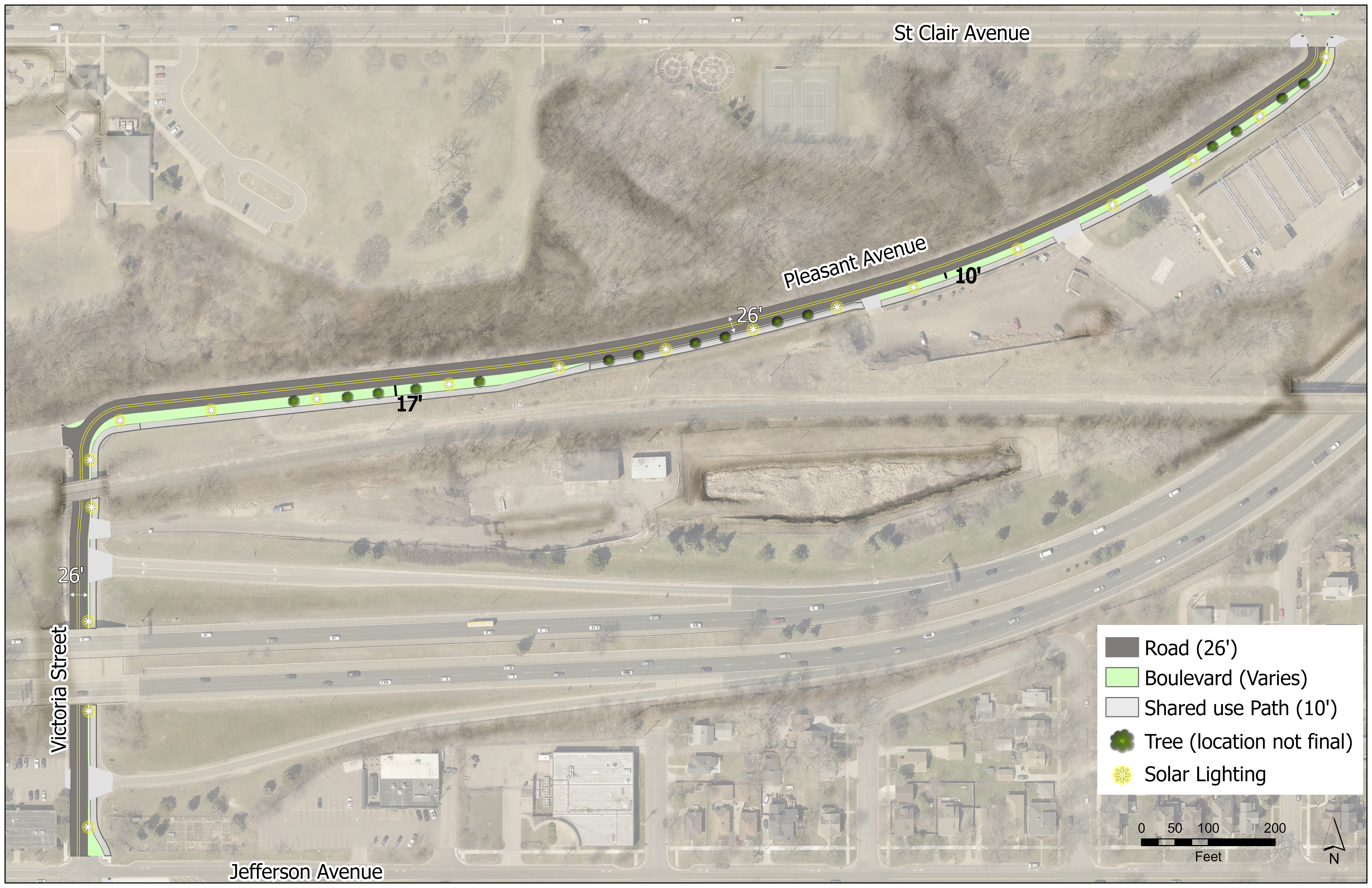 Pleasant Avenue proposed layout map Pleasant Avenue proposed layout map. Shared use path on south side of Pleasant Ave. Intersection improvements at Pleasant and St Clair, Pleasant and Victoria, and Pleasant and Jefferson.
