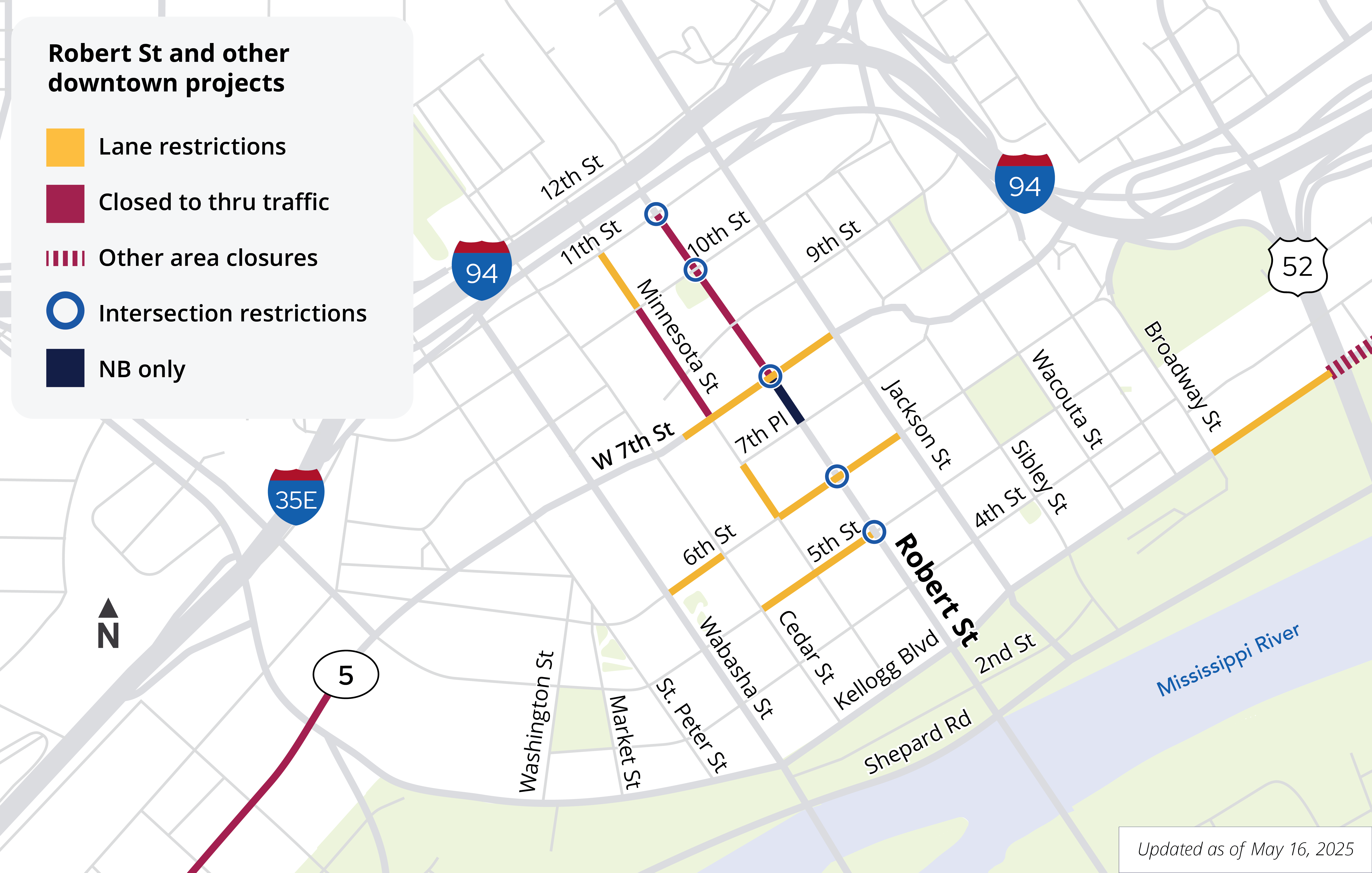 Map showing road closures and lane restrictions in downtown Saint Paul May 16, 2025