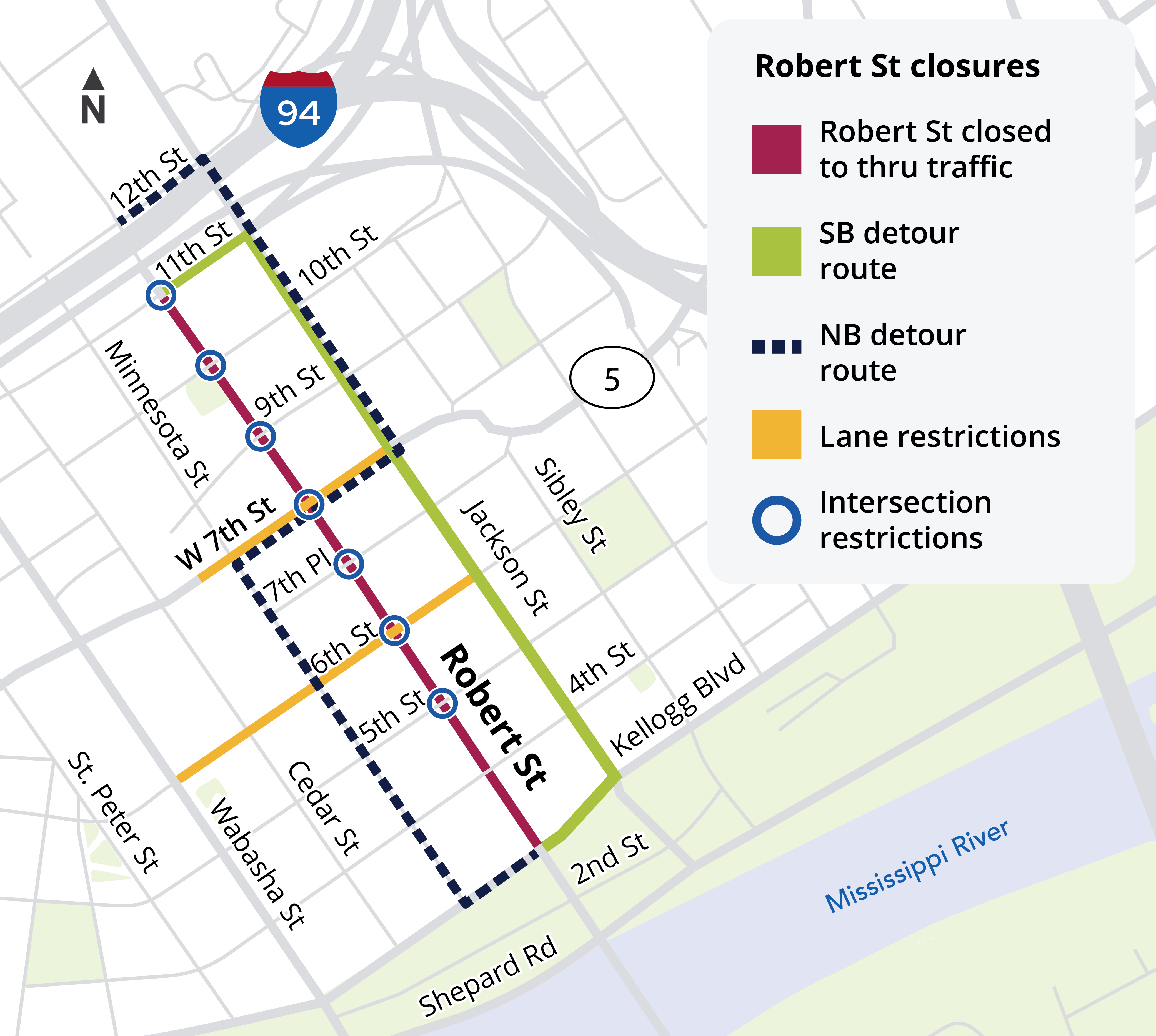 Map showing detour route for Robert Street closure May 30, 2025