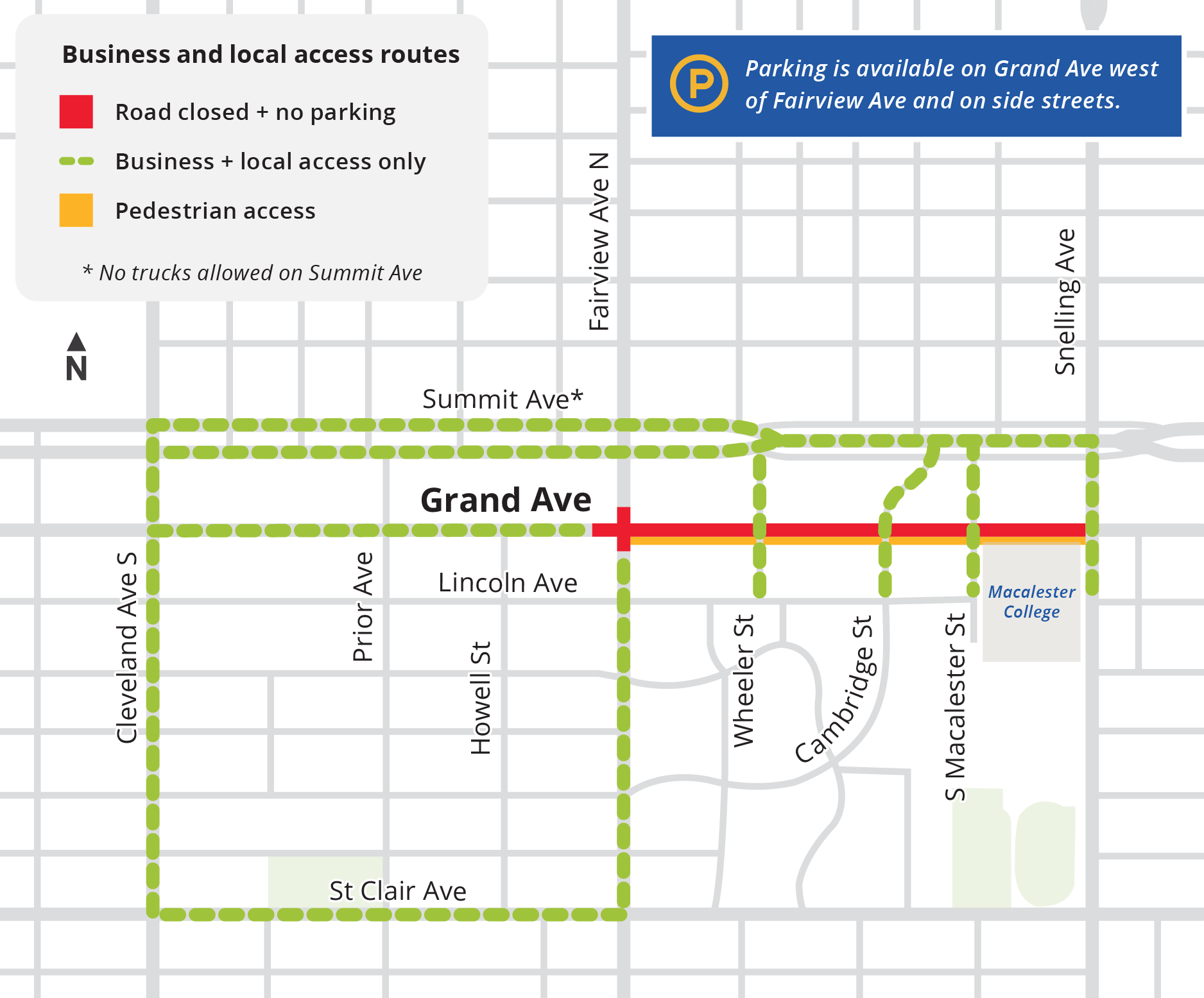 Map showing Grand Avenue closed between Fairview and Snelling avenues. Local business access use Summit Avenue and cross streets