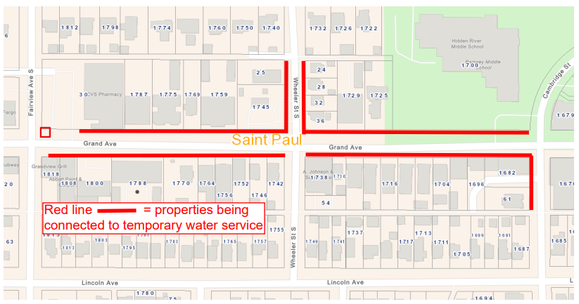 Map showing the areas that will be on temporary water service during Grand Avenue construction section 1