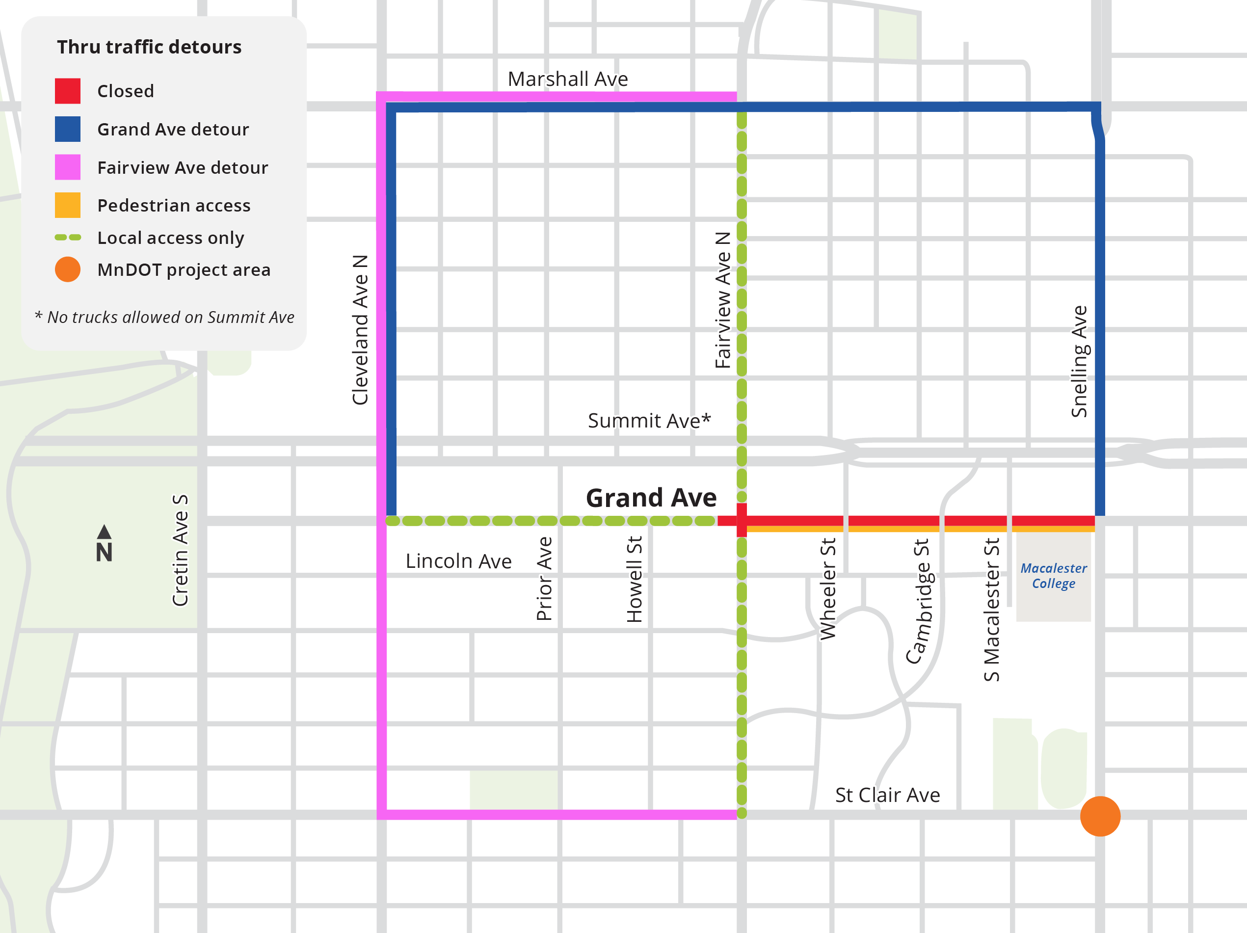 Map showing Grand Avenue closed Fairview to Snelling. Detour route on St Clair, Cleveland, Marshall and Snelling
