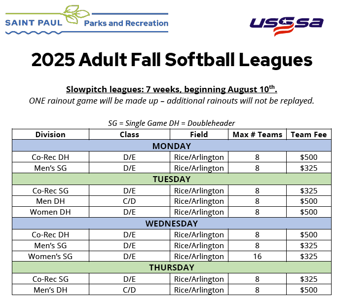 2025 Adult Softball League Offerings 2025 Adult Softball League Offerings