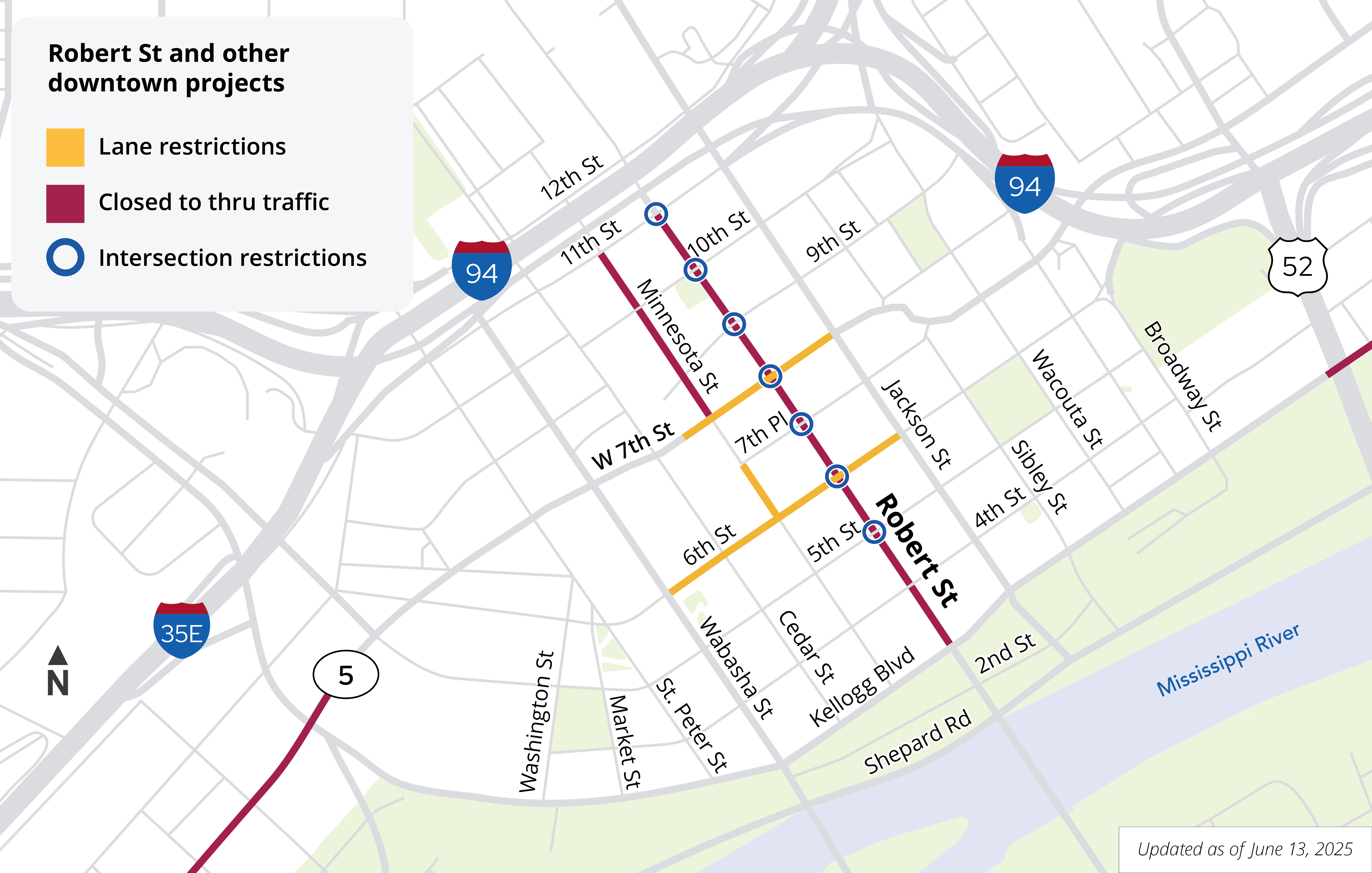 Map showing road closures and lane restrictions in downtown Saint Paul June 13, 2025