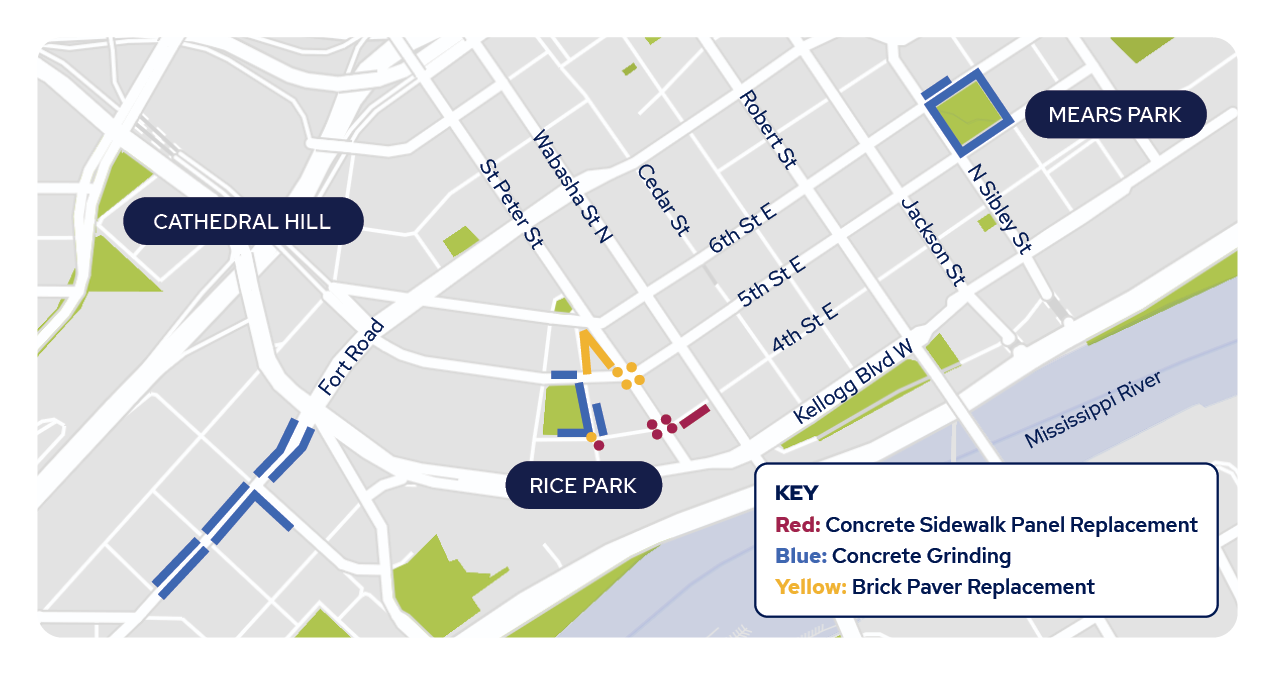 Map showing downtown Saint Paul sidewalk improvement locations for 2025