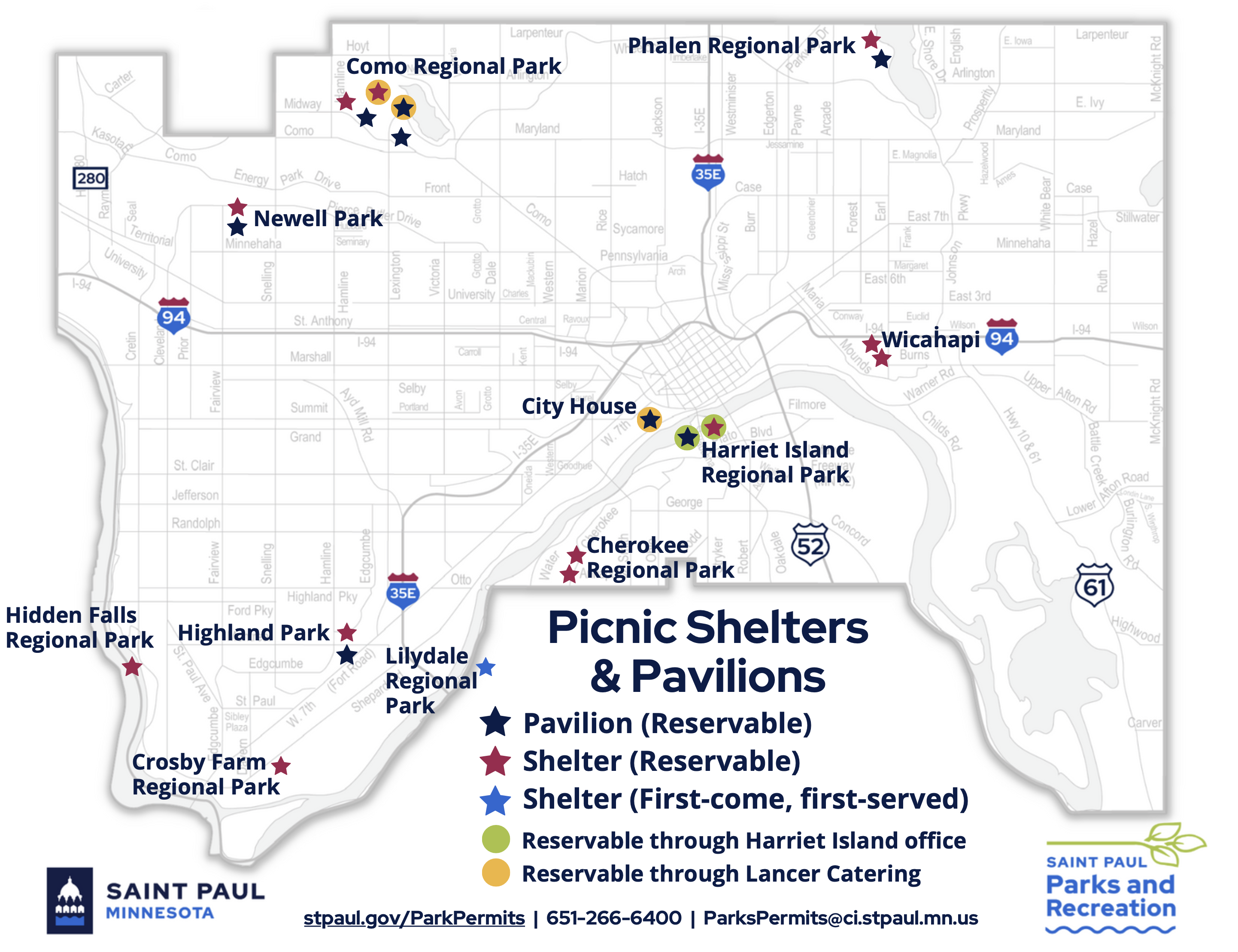 A map showing the locations of picnic shelters and pavilions in Saint Paul. The location of each park and the facilities in each one are included below.