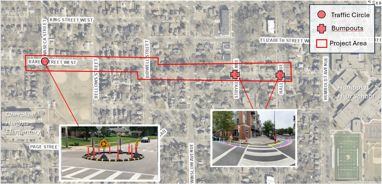 Map showing area of temporary traffic calming project on Baker Street between Waseca Street and Hall Street with traffic circle at Waseca and bumpouts at Stryker and Hall