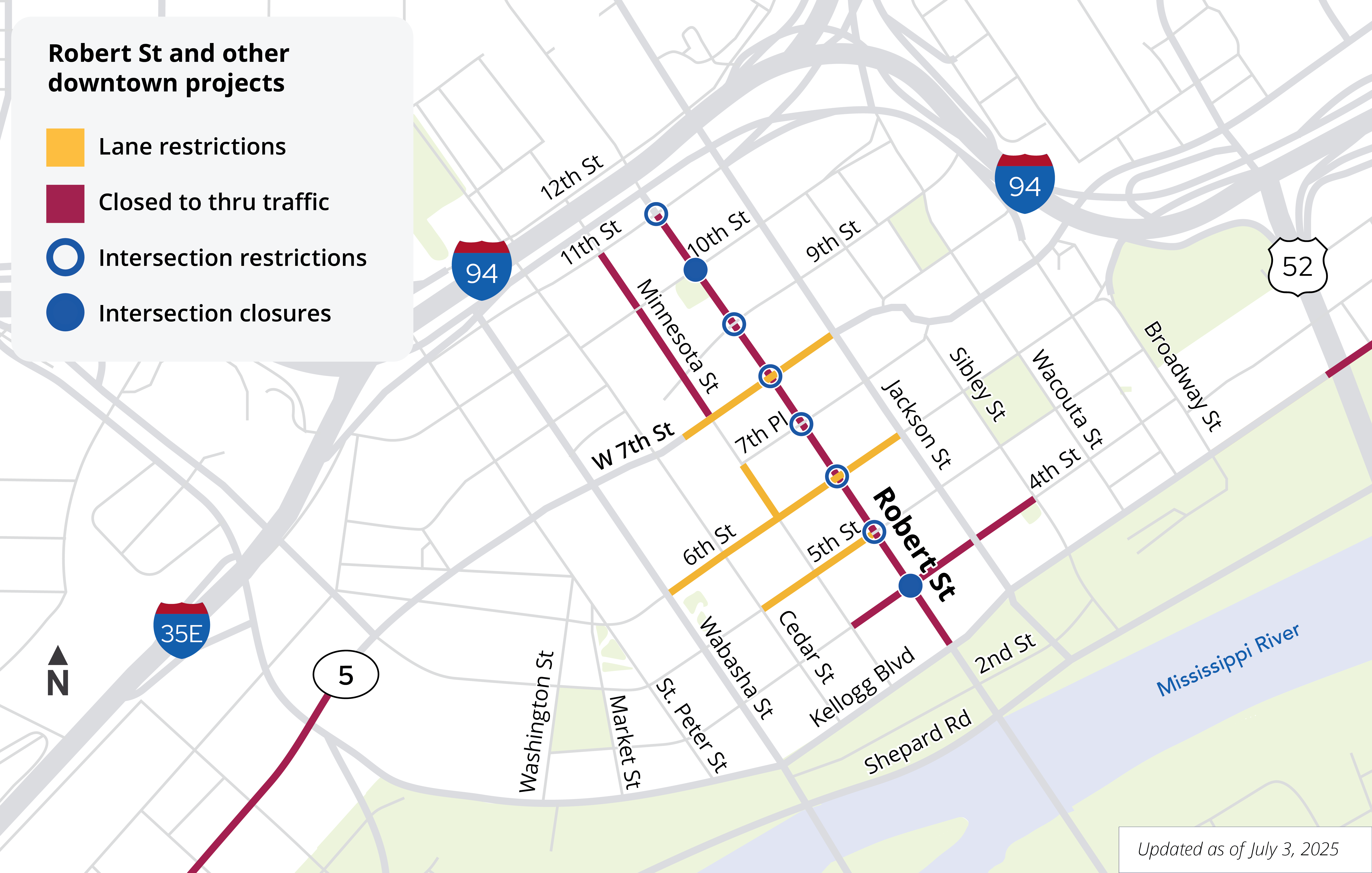 Map showing the road closures and lane restrictions due to construction in downtown Saint Paul July 3, 2025