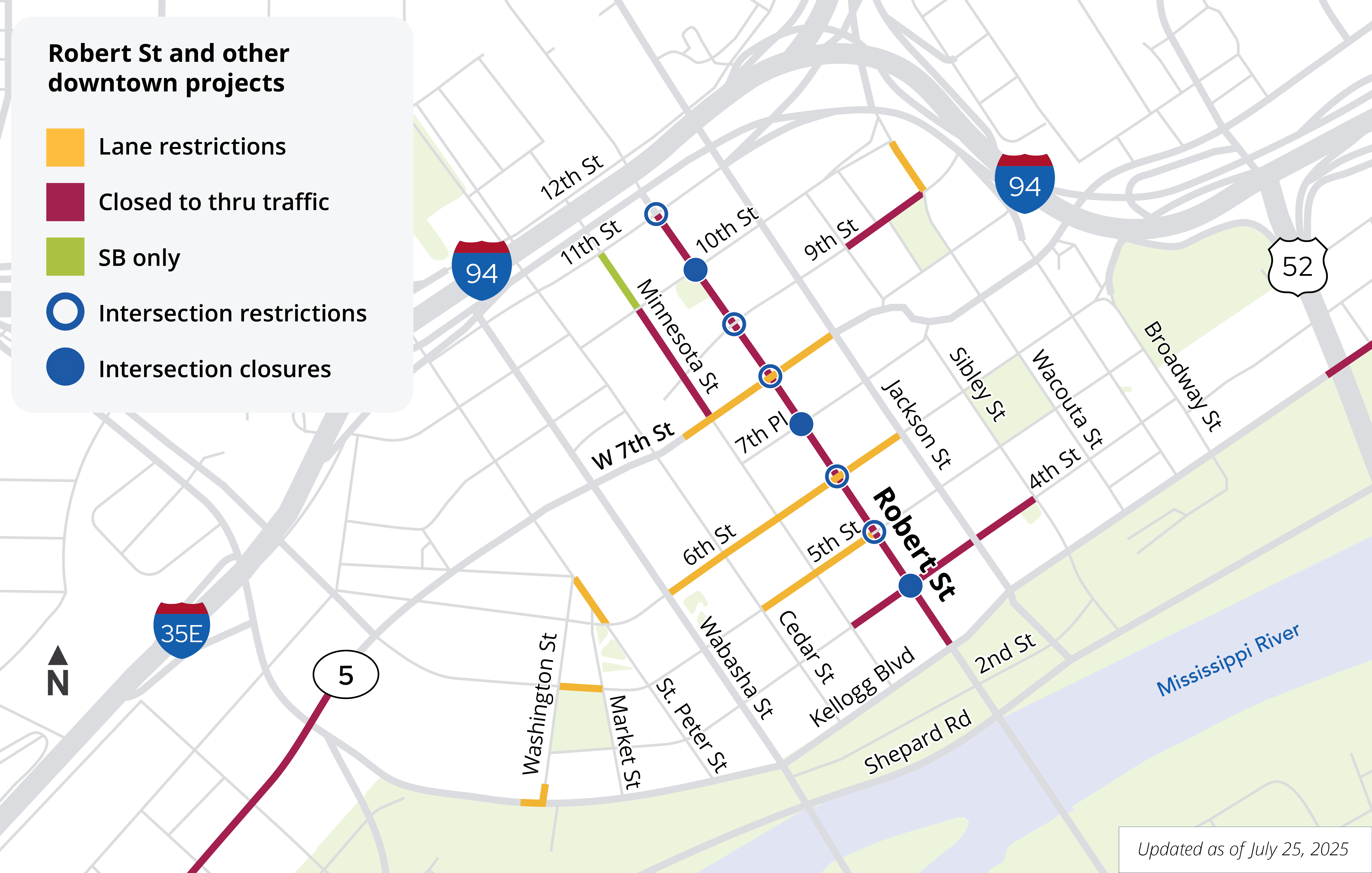 Map showing road closures and lane restrictions in downtown Saint Paul July 25, 2025