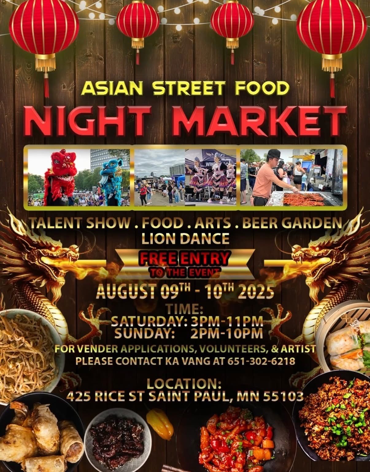 Flyer Asian Street Food Night Market Event, 8/9, 3-11  and 8/10, 2-10PM