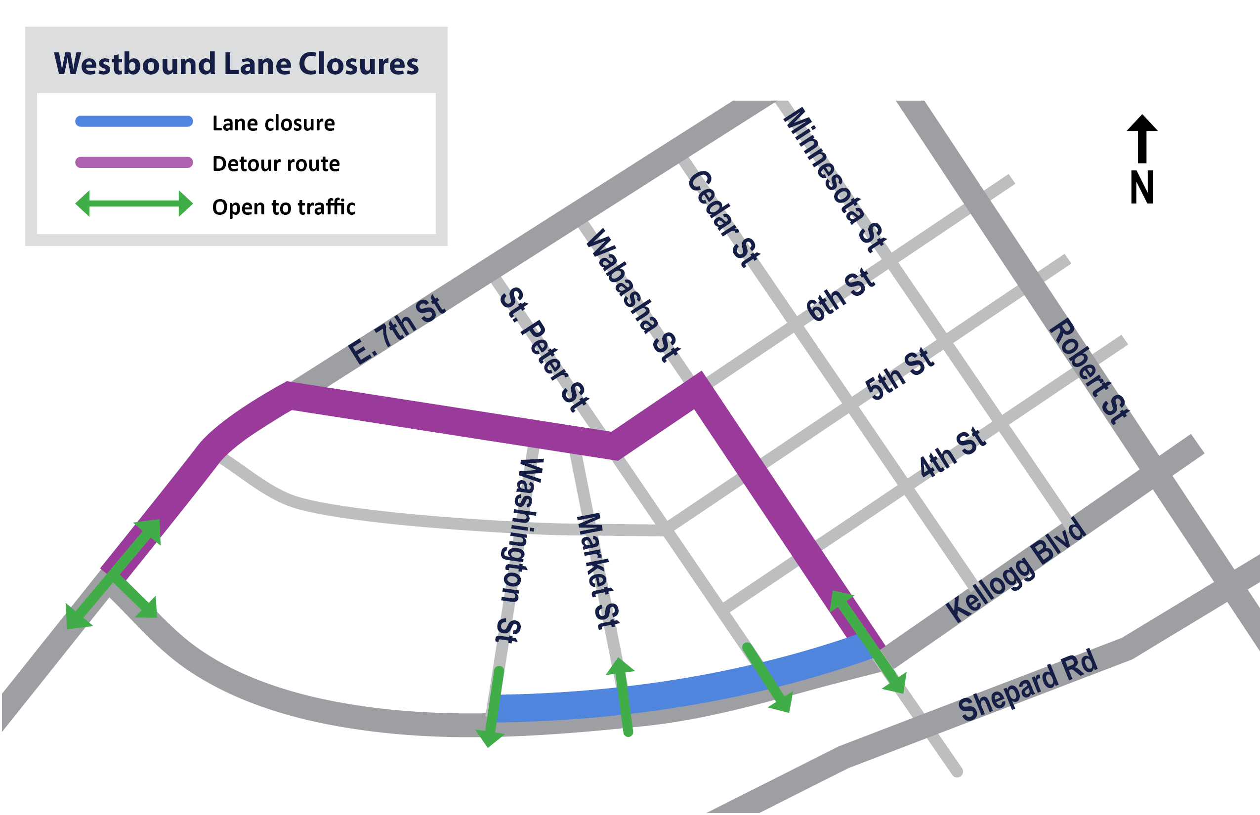 Map showing the detour for the closure of the westbound Kellogg Boulevard lanes from Wabasha to Washington. Detour is 7th to 6th to Wabasha