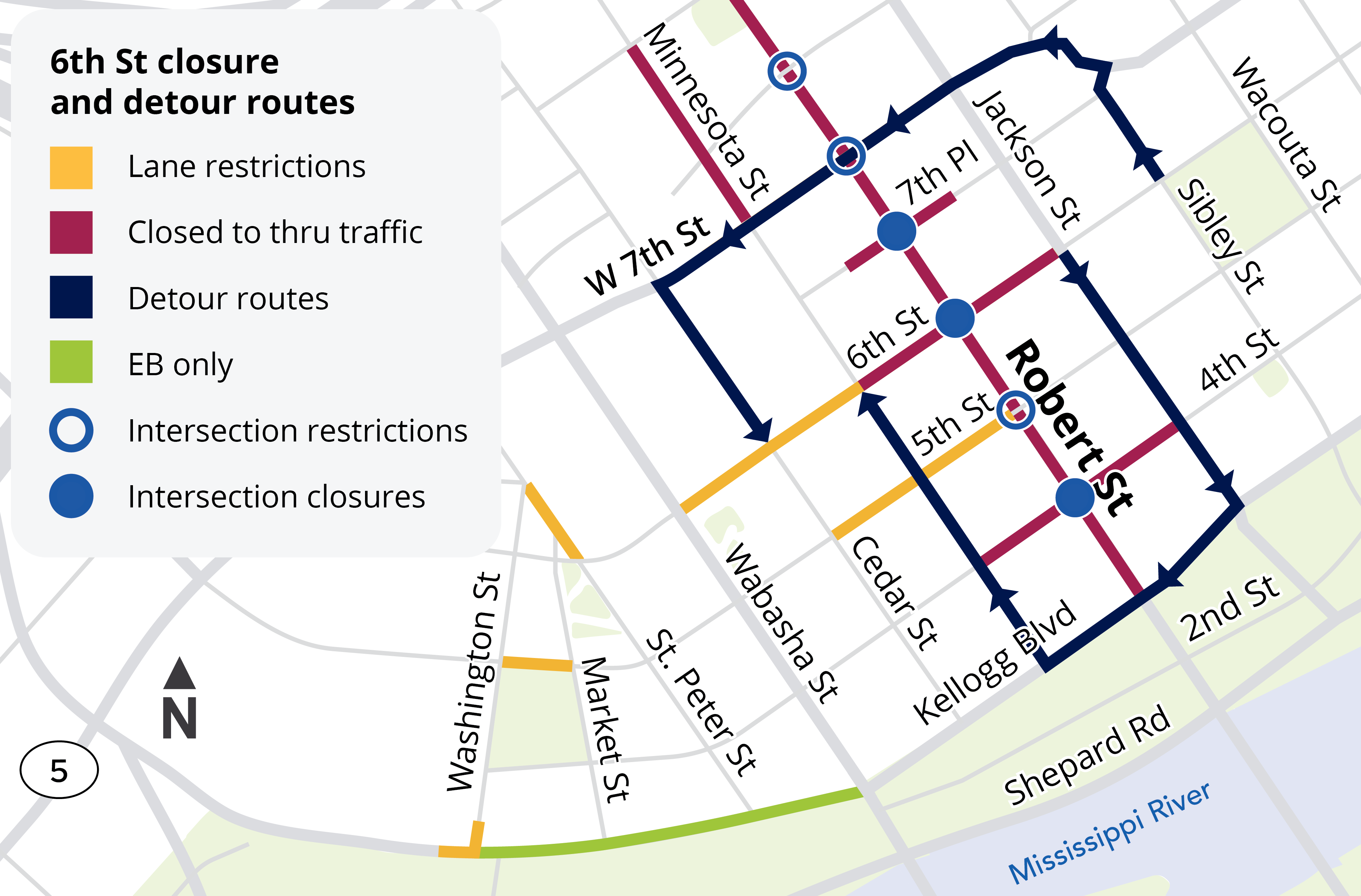 Map showing the detour for the closure of the 6th Street and Robert Street intersection in downtown Saint Paul. 