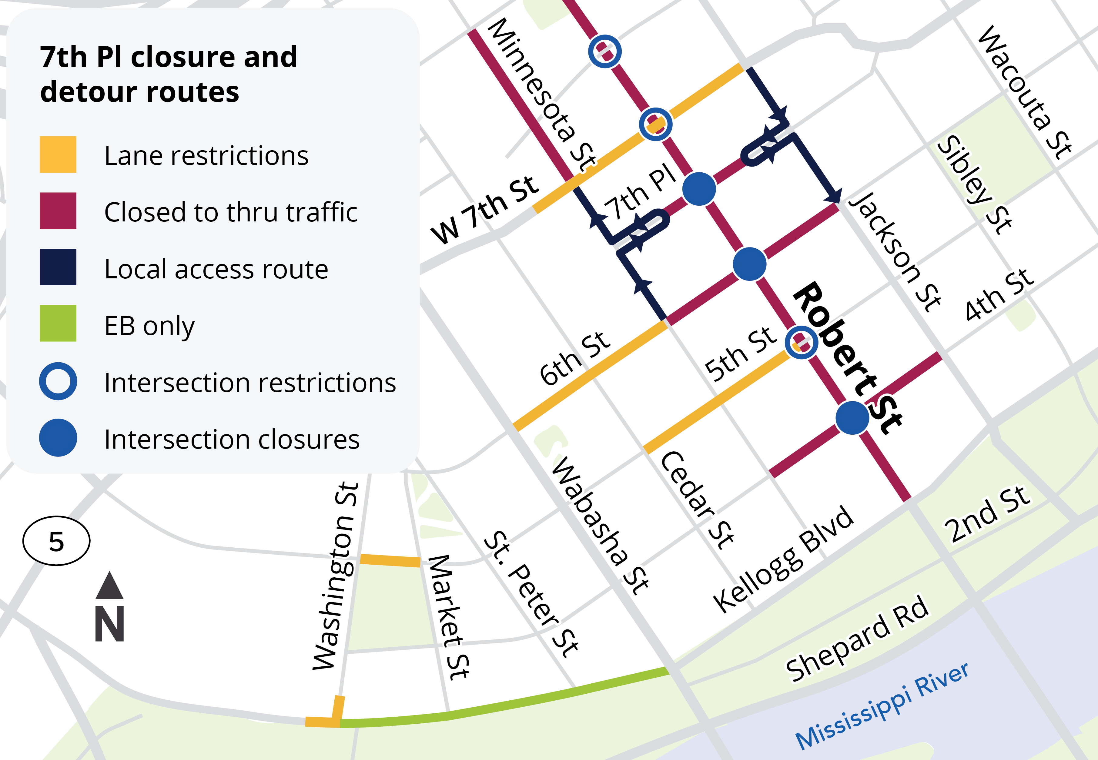 Map showing local access route on 7th Place from Minnesota and Jackson Streets during 7th Place and Robert Street intersection closure starting August 11, 2025