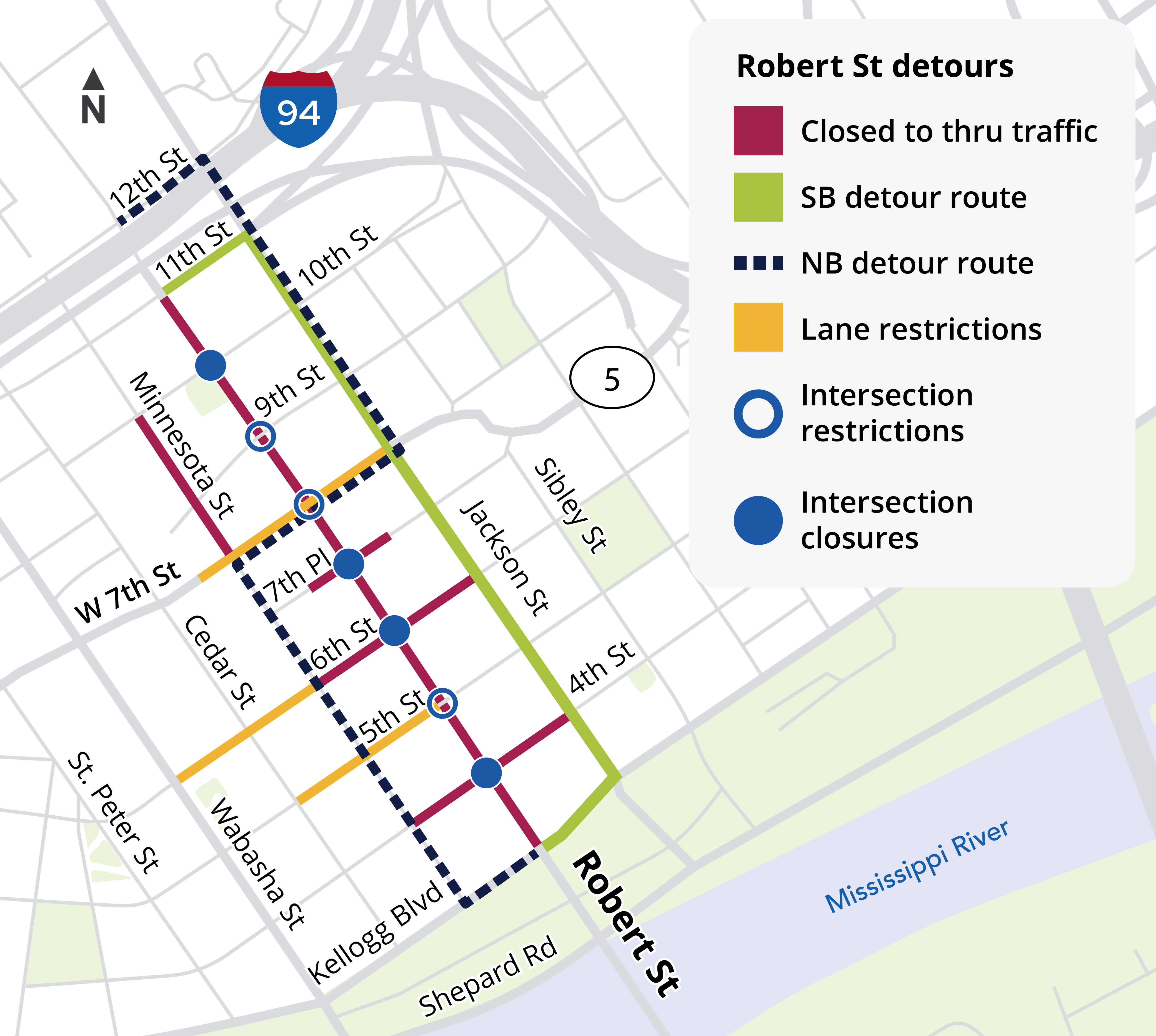 Map showing Robert Street closure and detours August 8, 2025