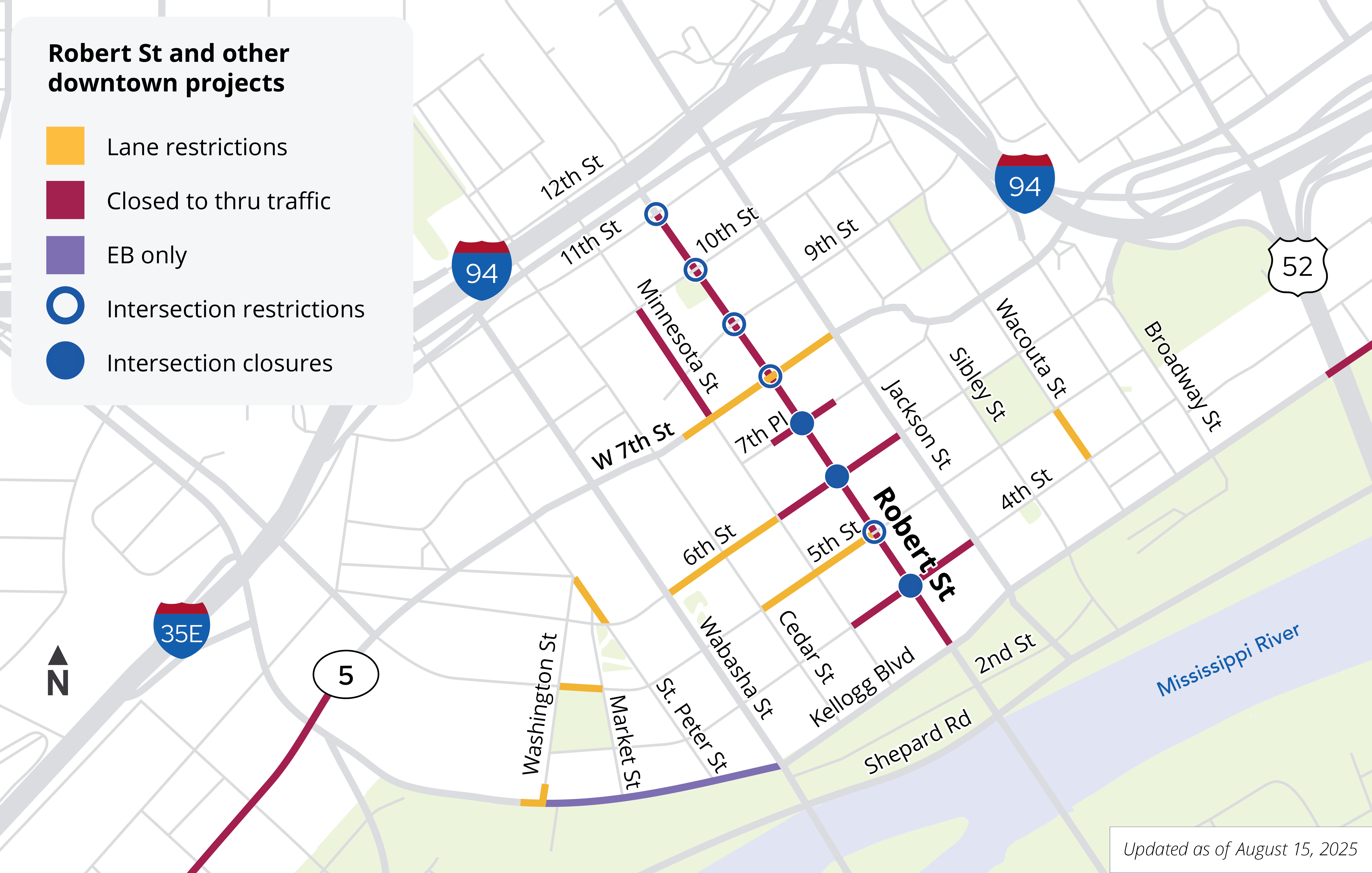 Map showing road closures and lane restrictions in downtown Saint Paul August 15, 2025