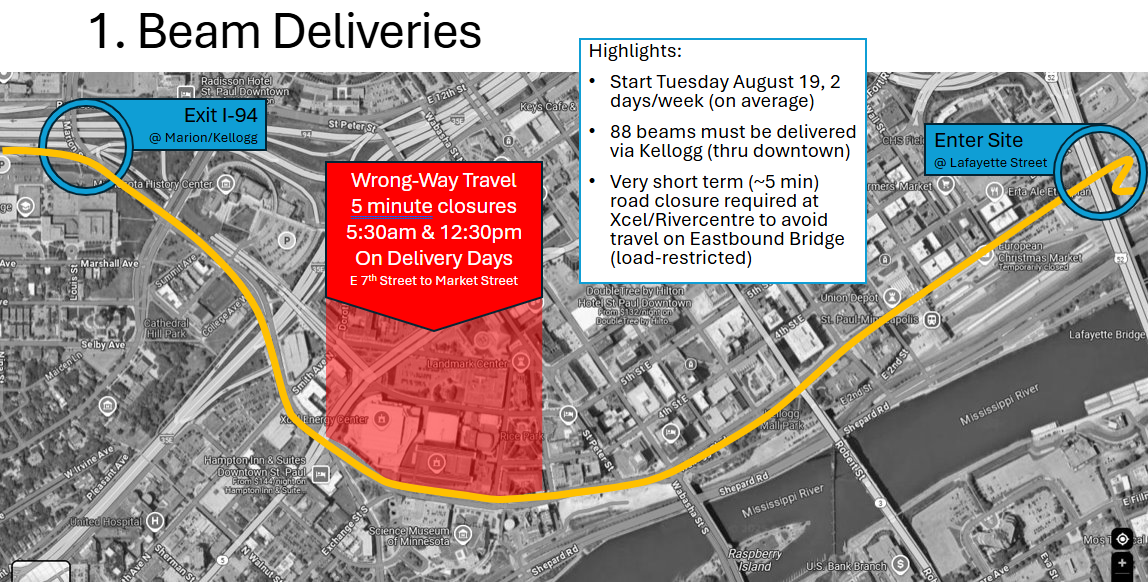 Map showing the beam delivery route for Kellogg-3rd Street bridge from I-94 along Kellogg Boulevard
