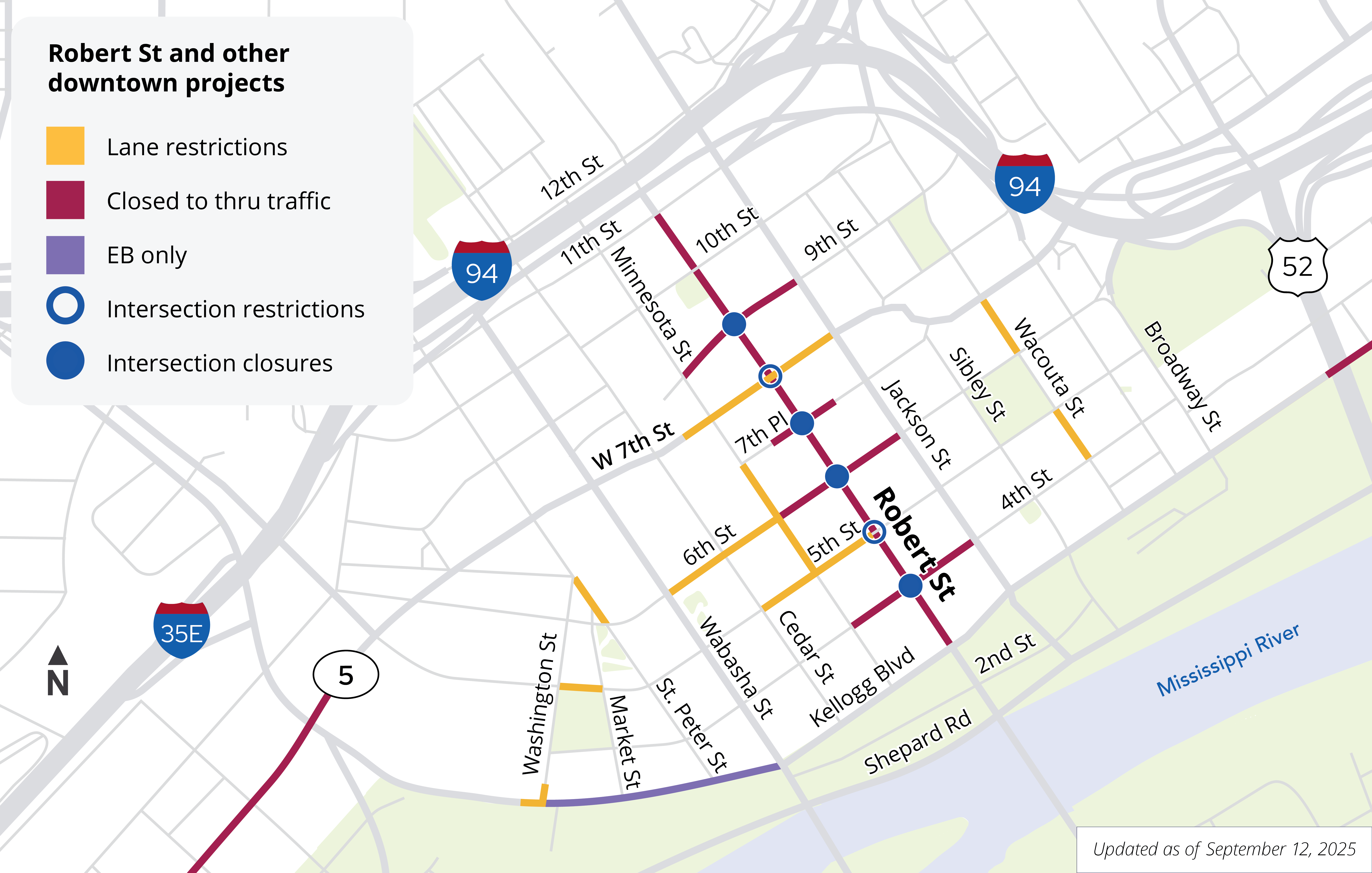 Map showing road closures and lane restriction in downtown Saint Paul September 12, 2025