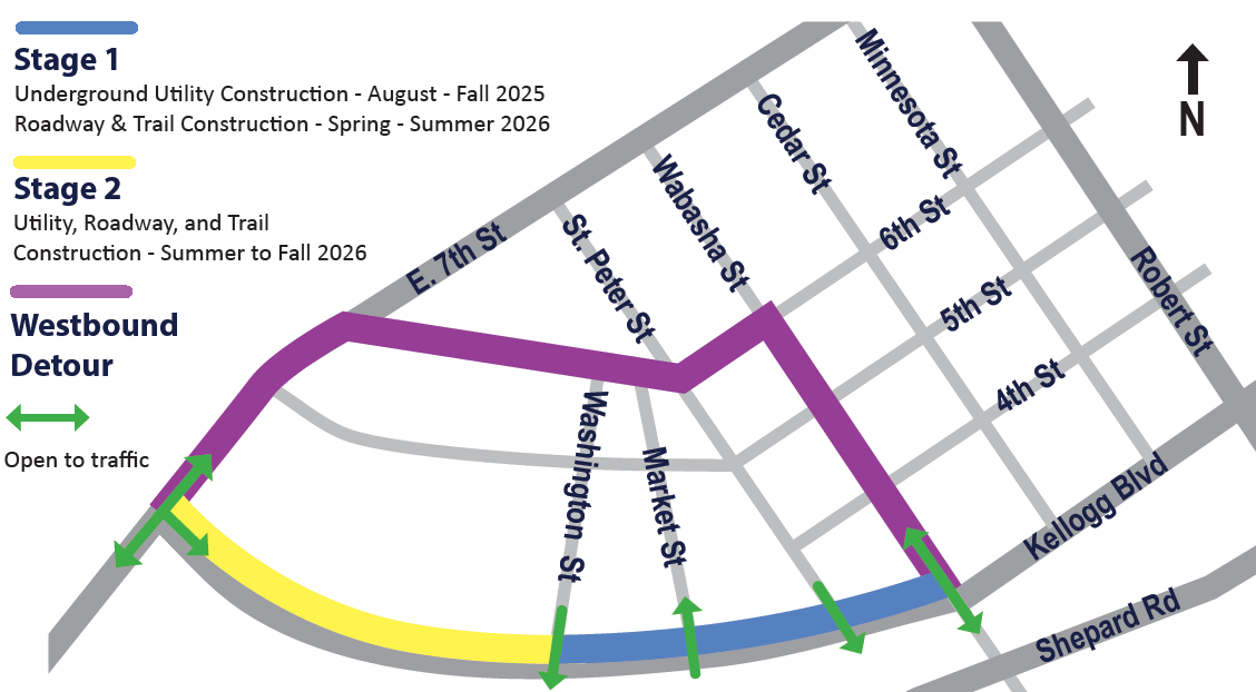 Map showing the stage 1 and stage 2 areas for the Kellogg Boulevard Phase 2 construction schedule