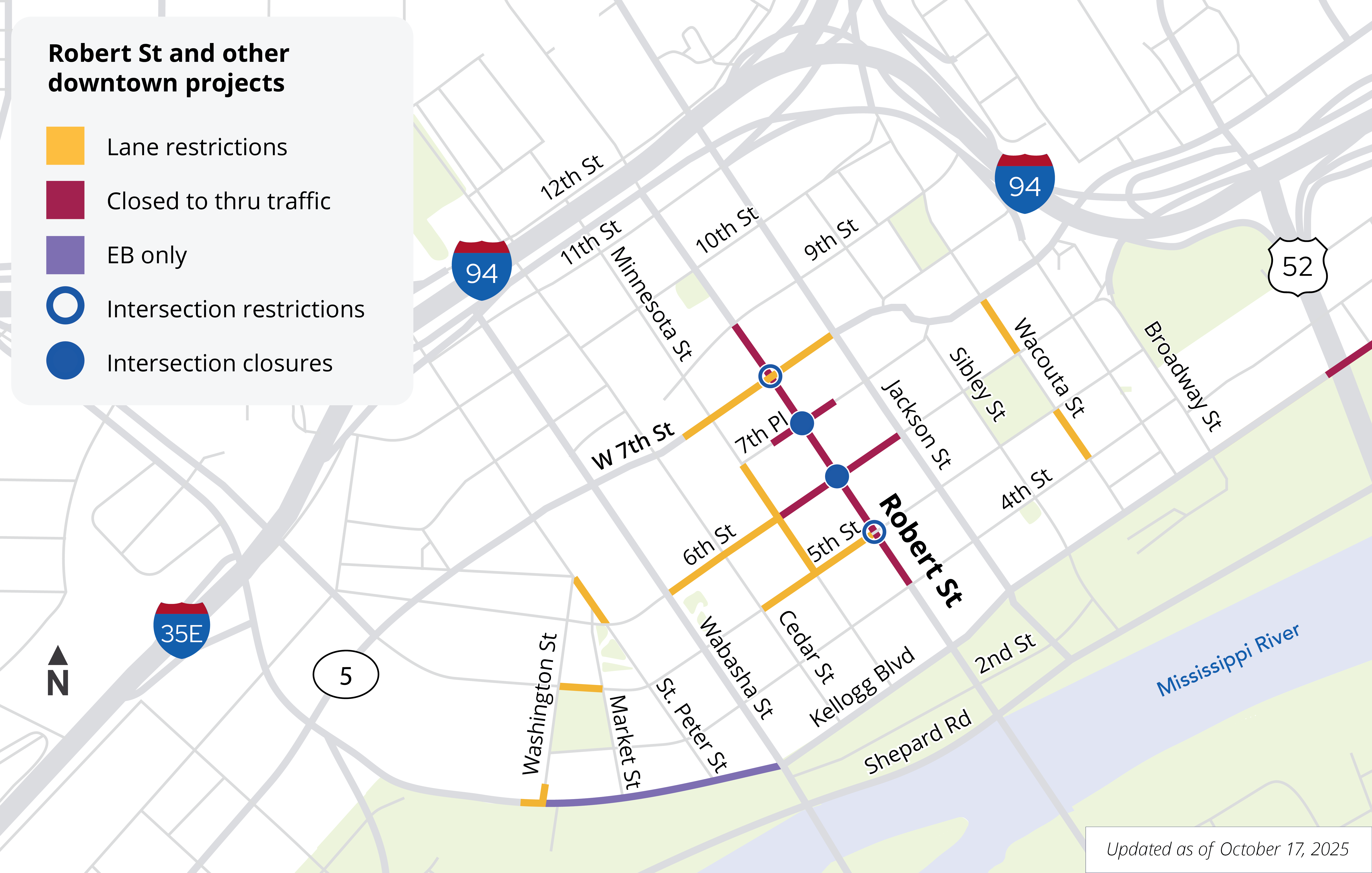 Map showing road closures and lane restrictions in downtown Saint Paul October 17, 2025
