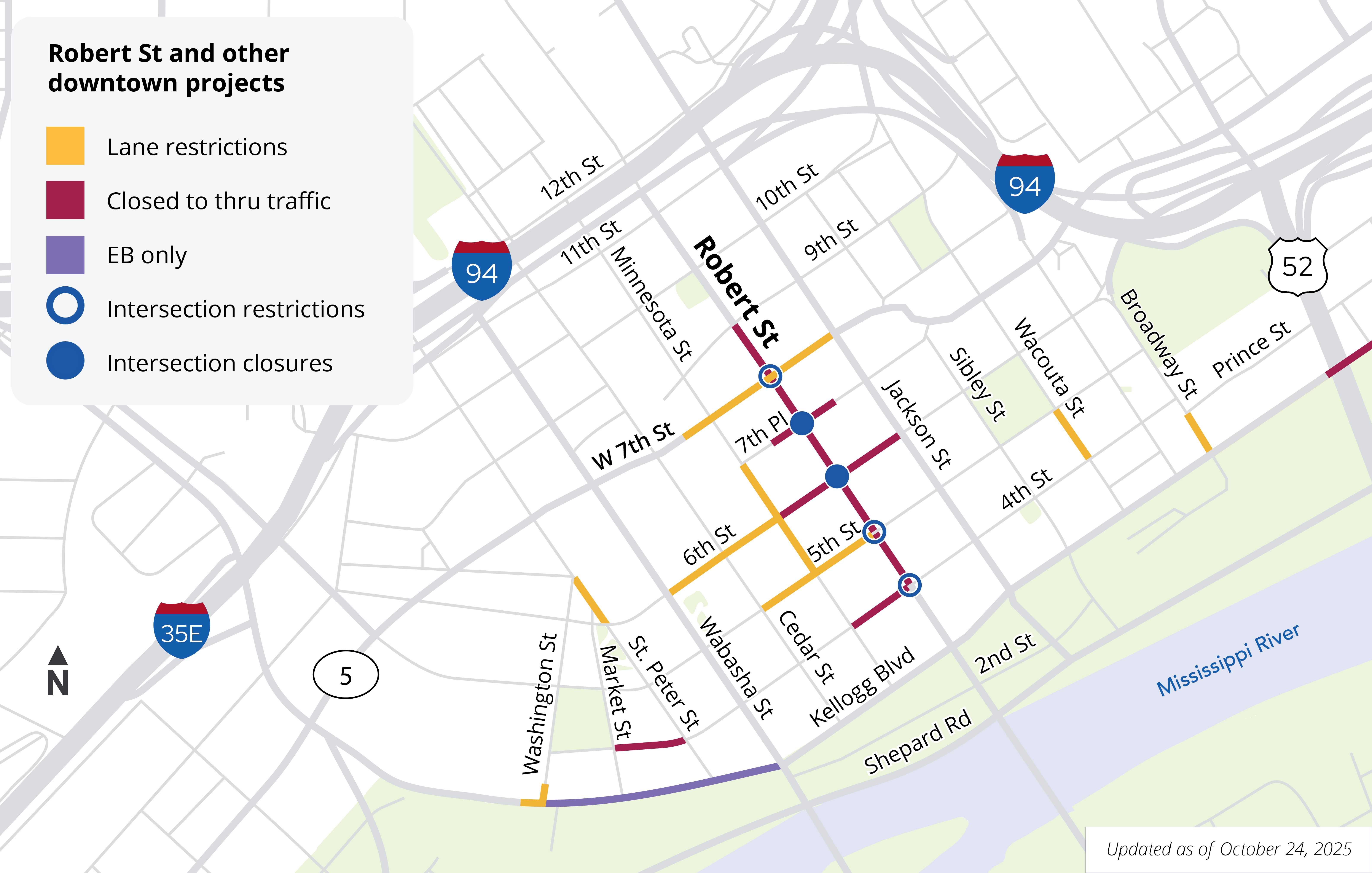 Map showing road closures and lane restrictions in downtown Saint Paul October 24, 2025